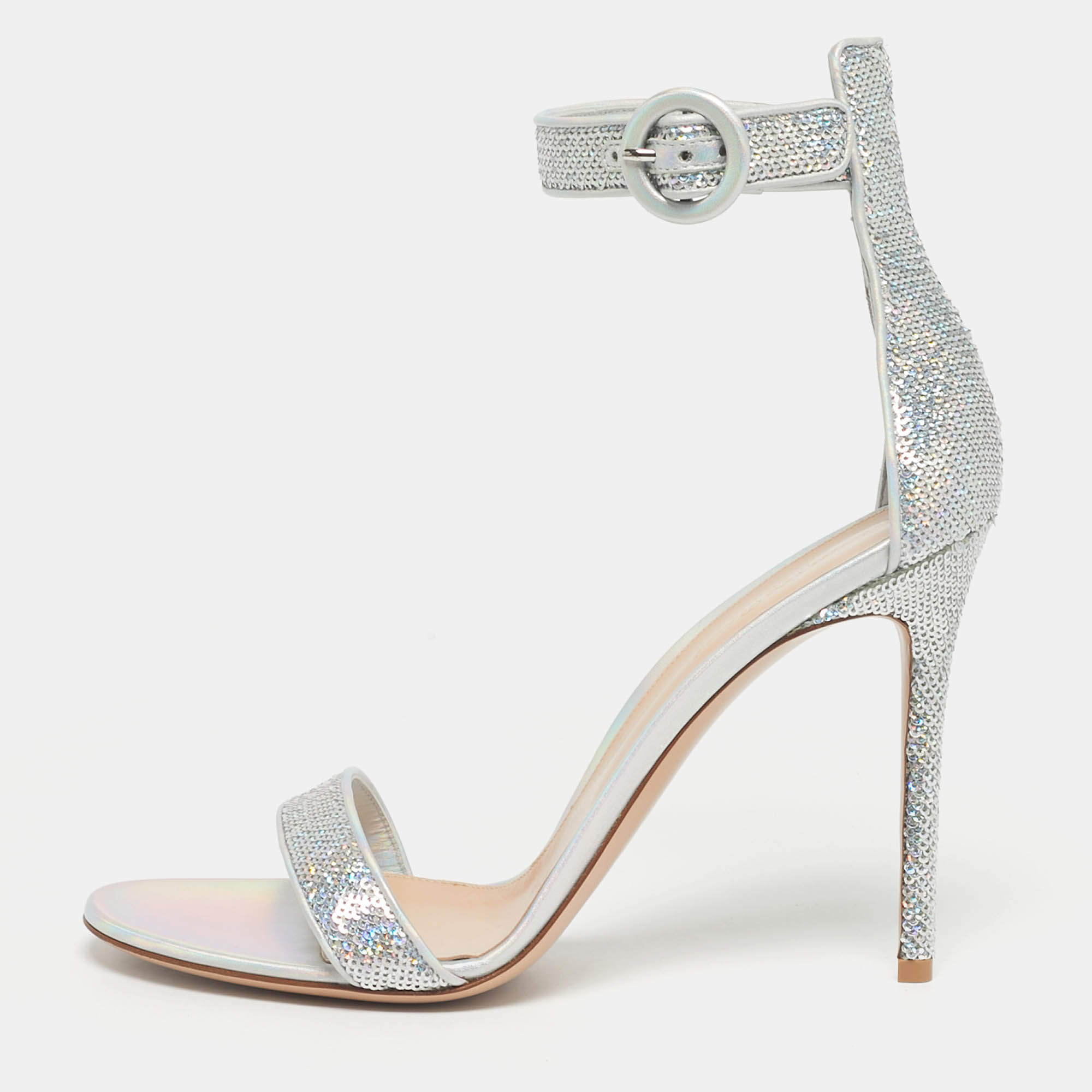 Pre Owned Gianvito Rossi Silver Iridescent Leather and Sequins Portofino Ankle Strap Sandals Size 42