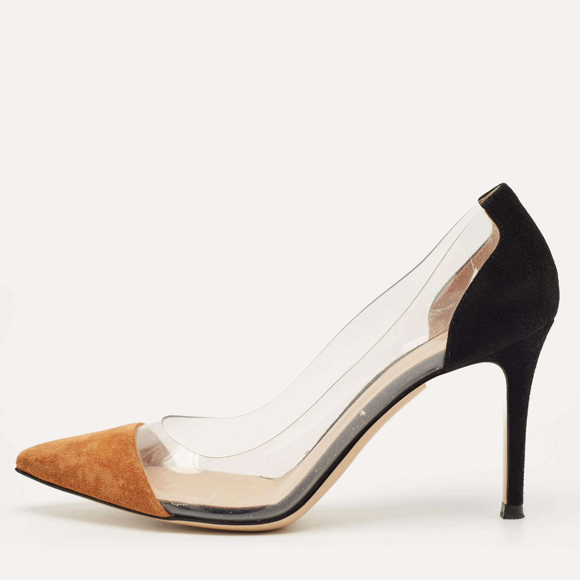 Pre Owned Gianvito Rossi Black/Brown Suede and PVC Plexi Pointed Toe Pumps Size 36