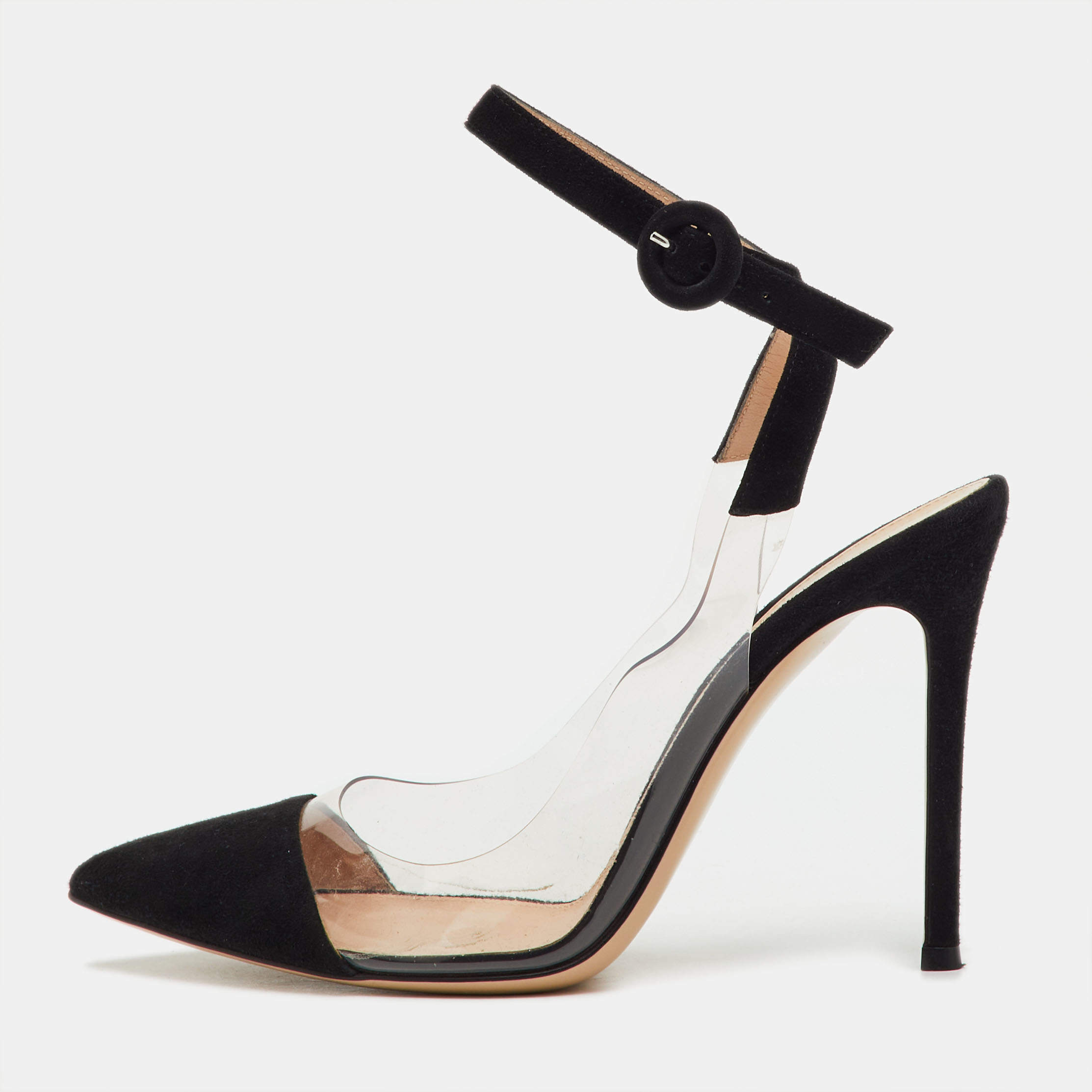 Pre Owned Gianvito Rossi Black/Transparent Suede and PVC Anise Ankle Strap Pumps Size 37