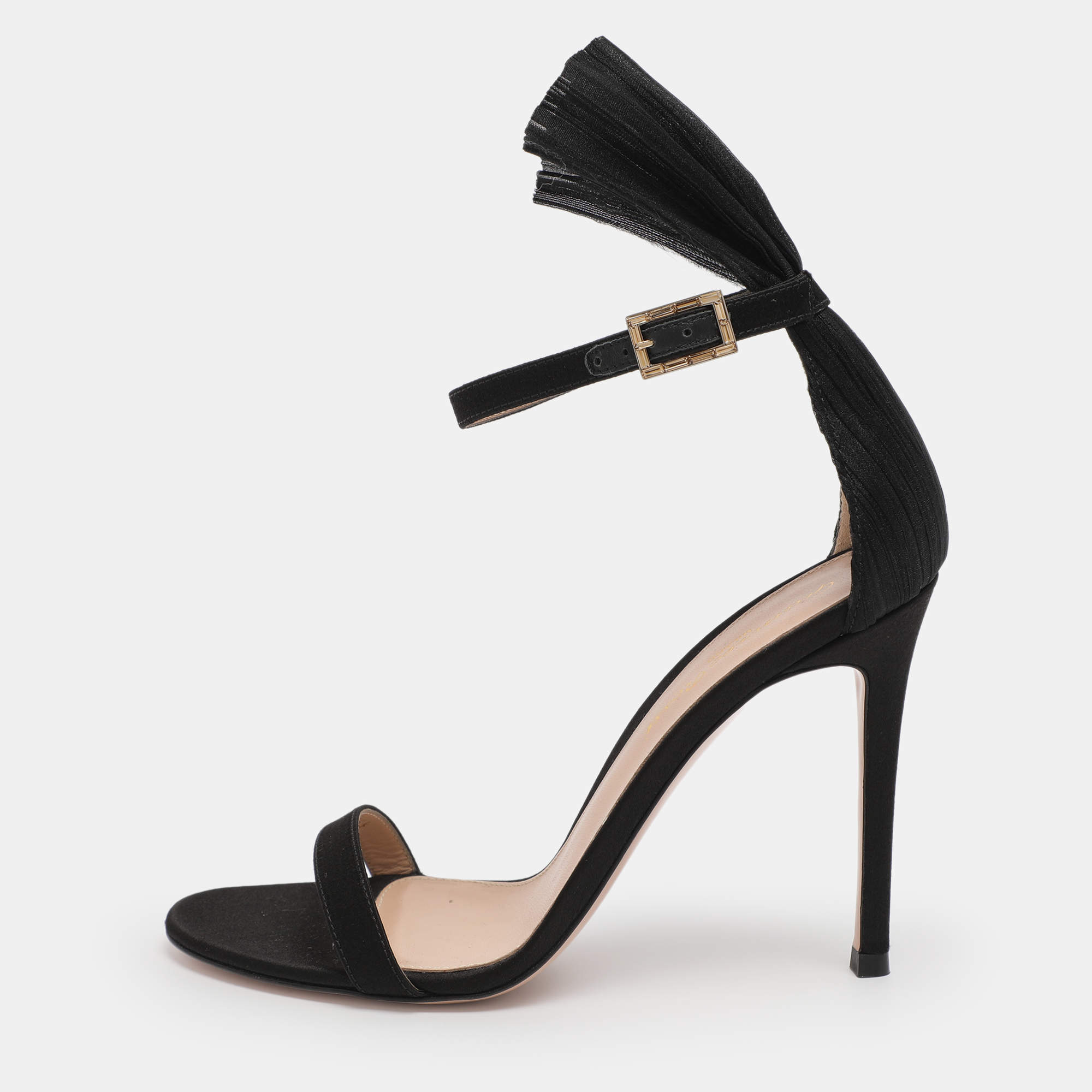 Pre Owned Gianvito Rossi Black Satin Belvedere Frill Detail Ankle Strap Sandals Size 36.5