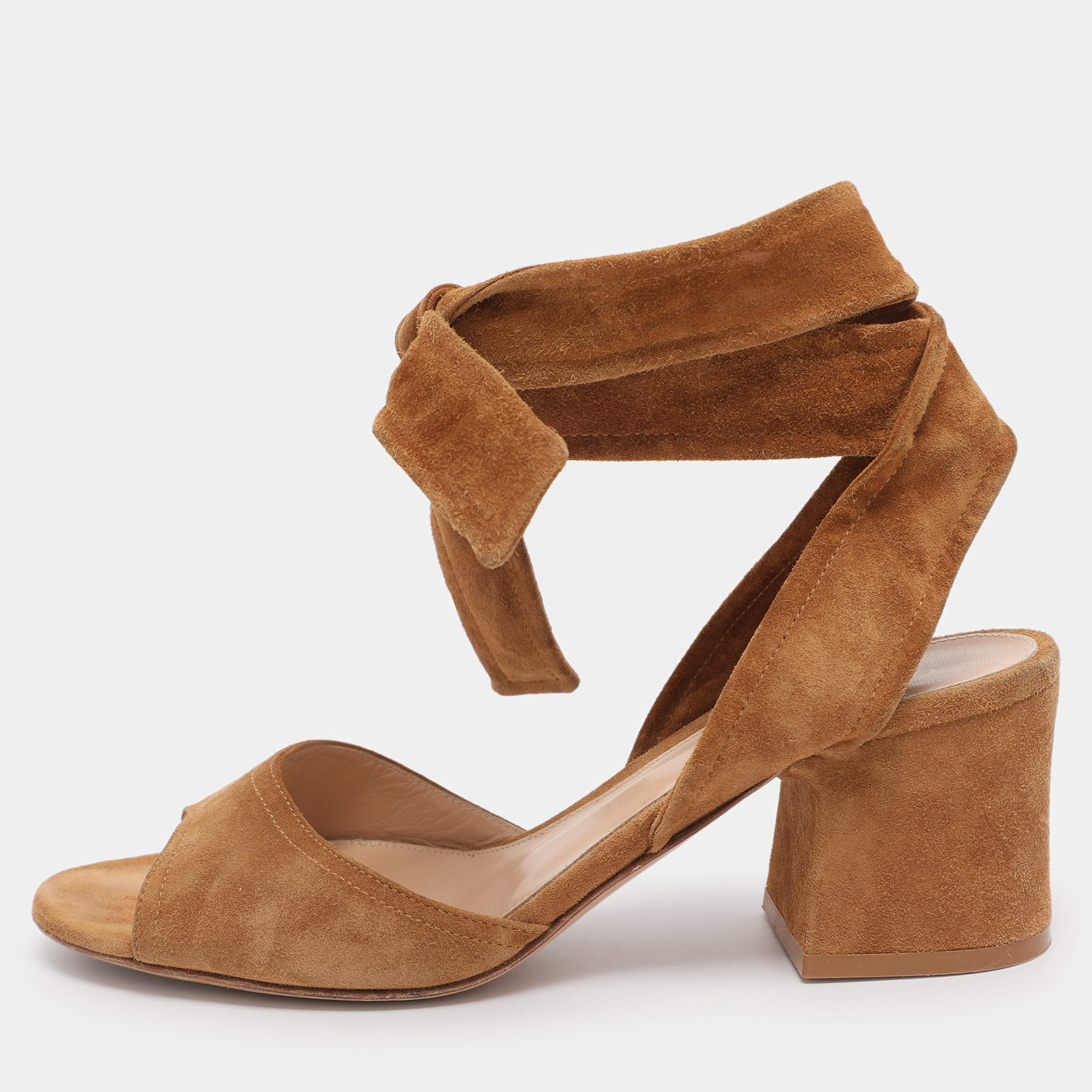 Pre Owned Gianvito Rossi Brown Suede Ankle Wrap Sandals Size 38.5
