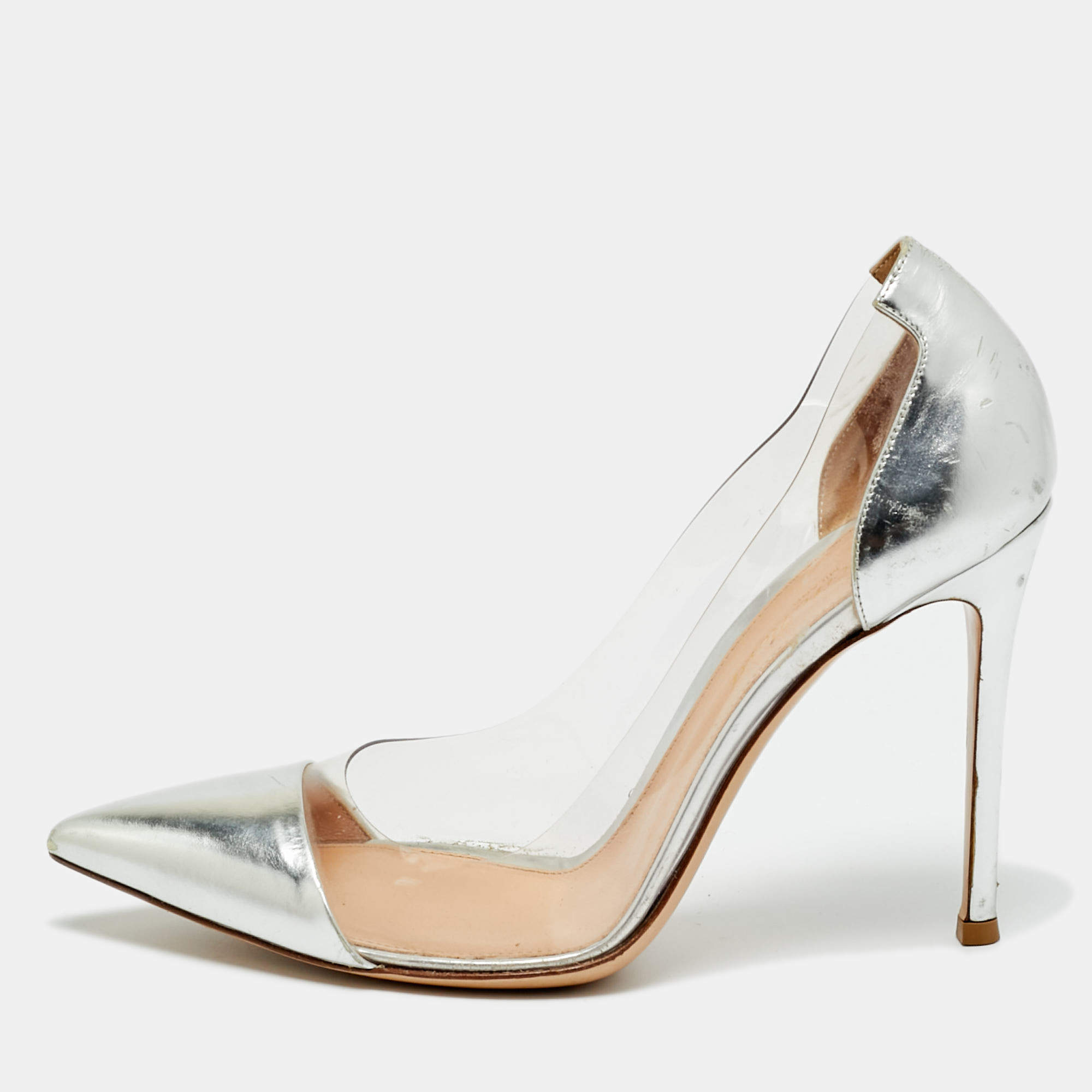 Pre Owned Gianvito Rossi Silver/Transparent  Leather and PVC Plexi Pumps Size 37.5