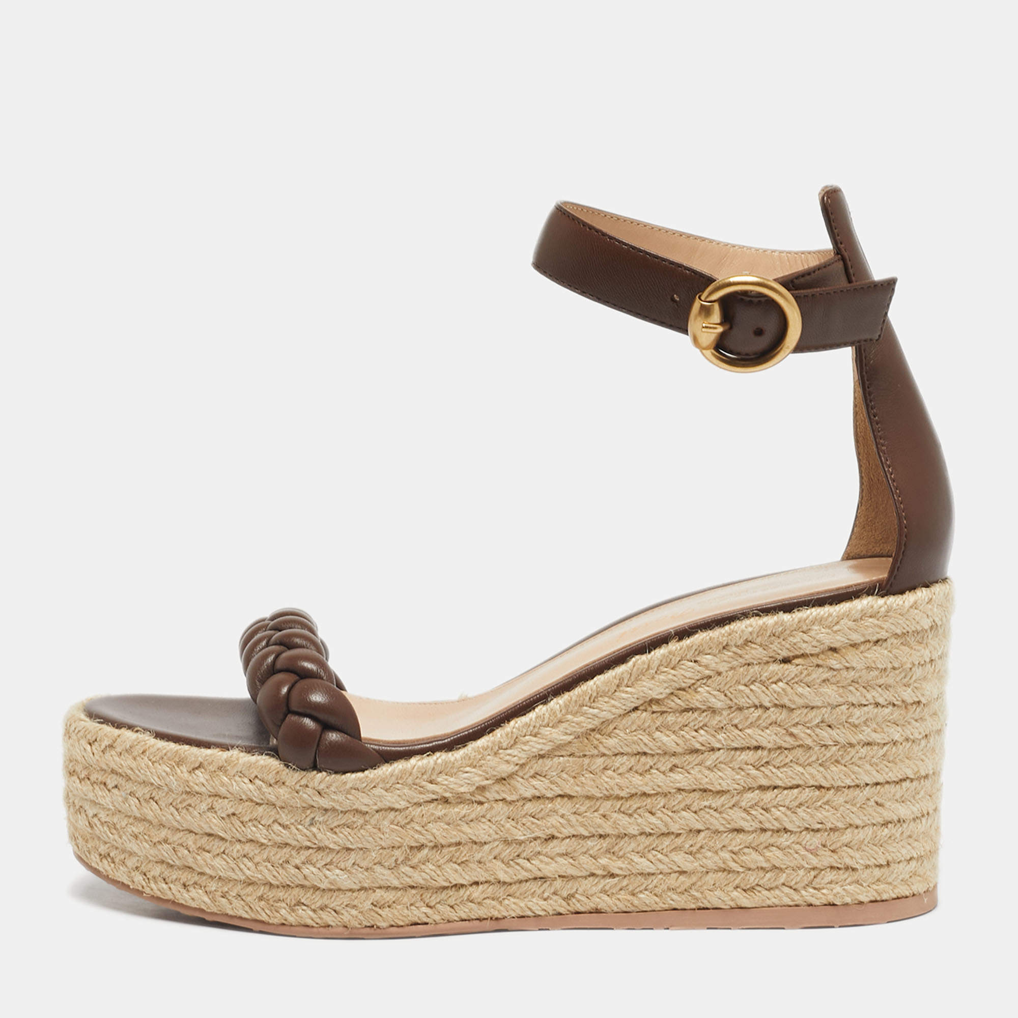 Pre Owned Gianvito Rossi Brown Braided Leather Merida Espadrille Wedge Sandals Size 36.5