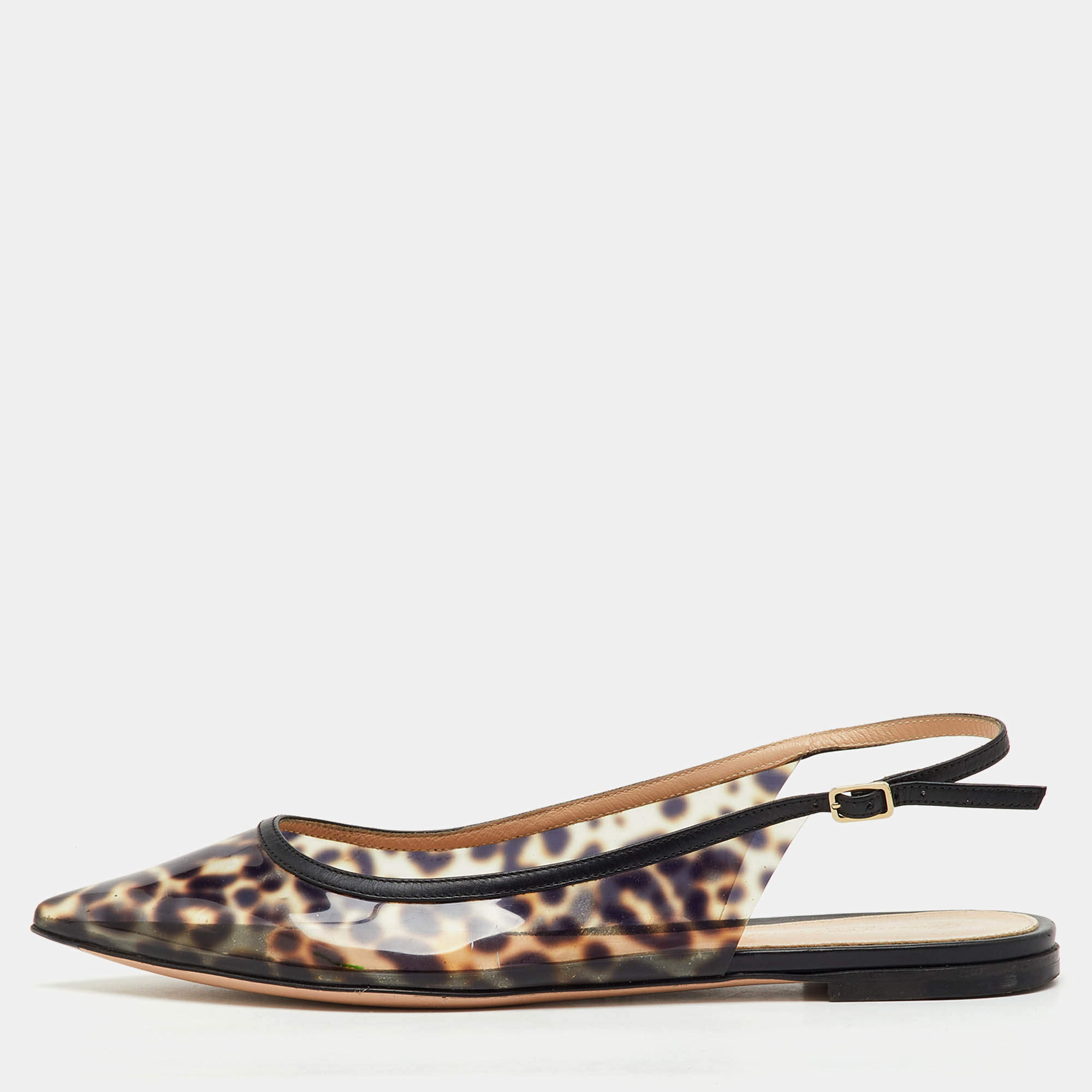 Pre Owned Gianvito Rossi Black/Brown PVC Animal Print Slingback Flats Size 38.5
