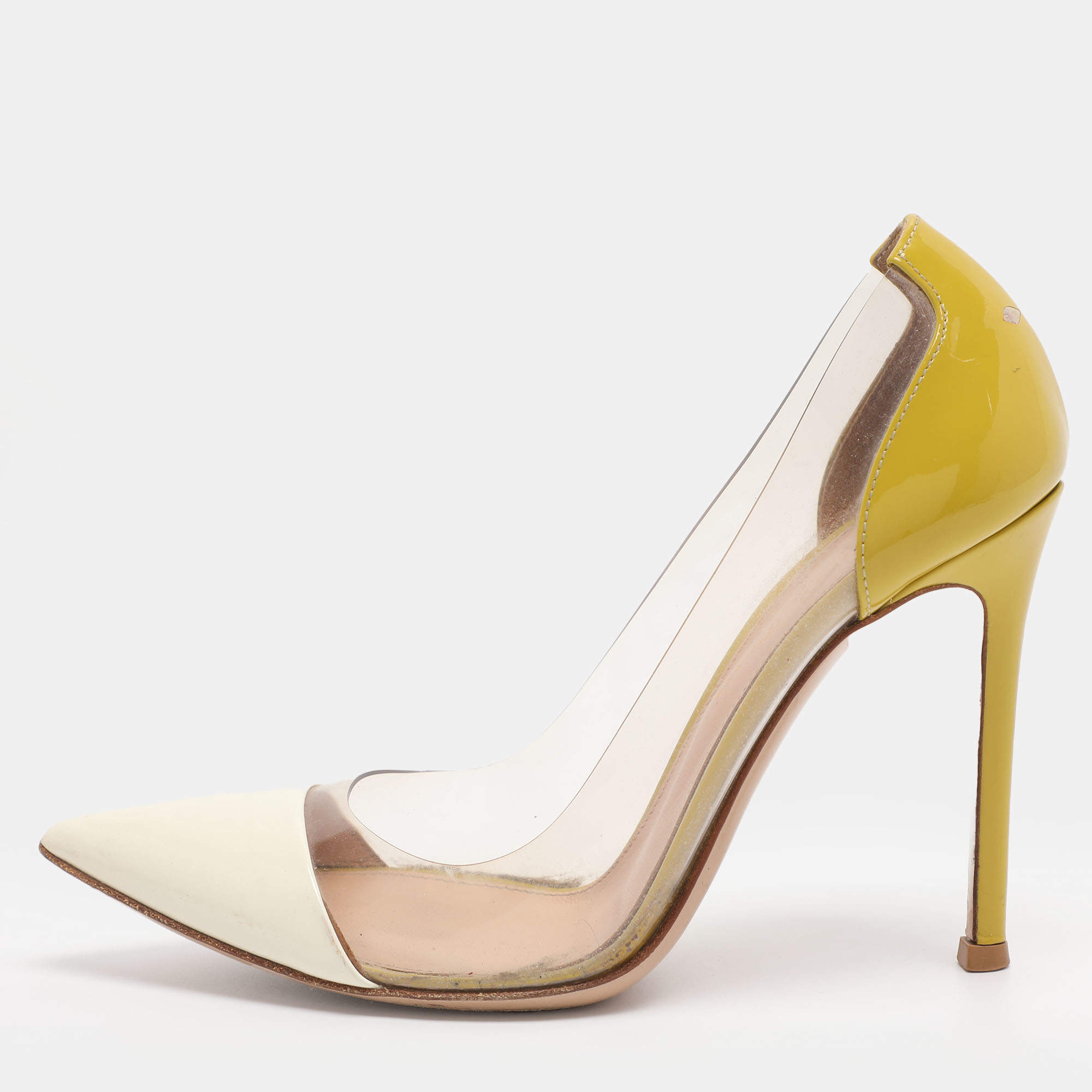 Pre Owned Gianvito Rossi Cream/Yellow Patent Leather And PVC Plexi Pointed Toe Pumps Size 35