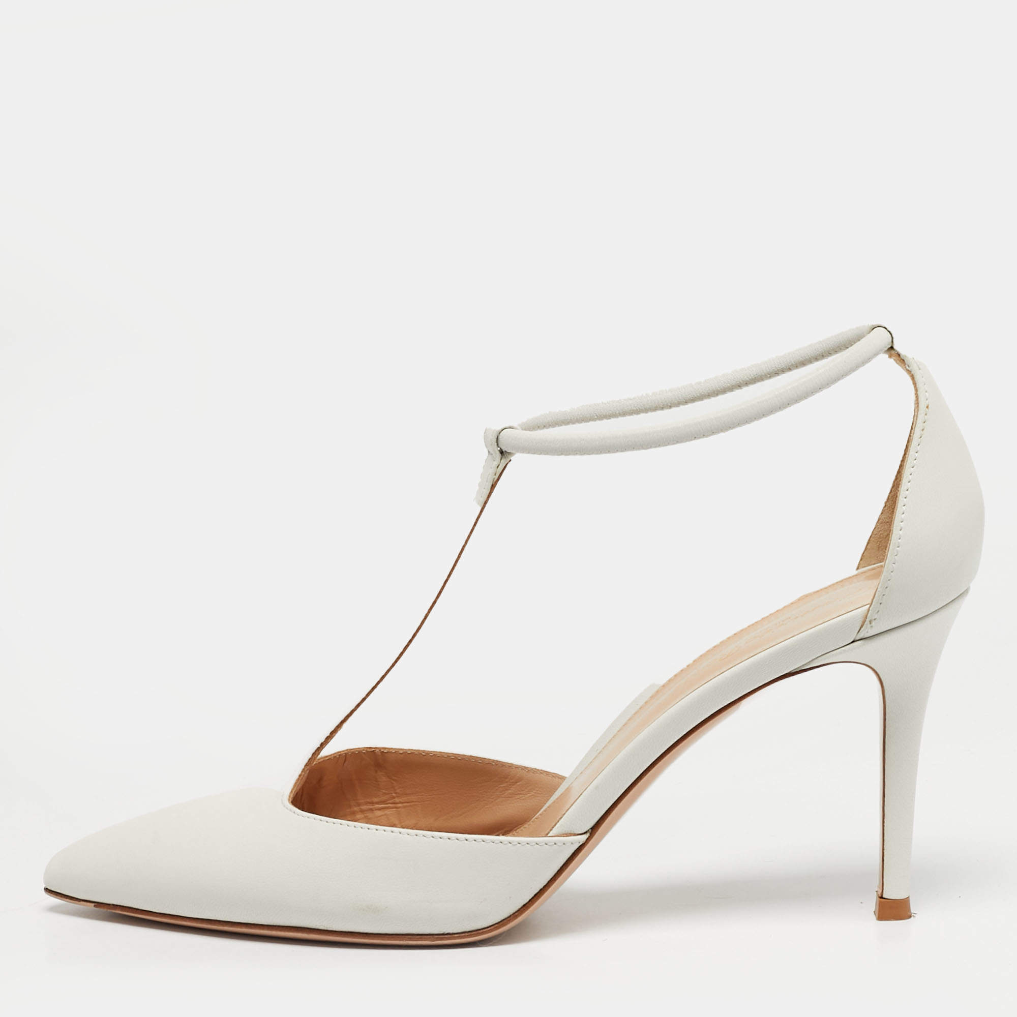 Pre Owned Gianvito Rossi White Leather Pointed Toe Ankle Strap Pumps Size 38