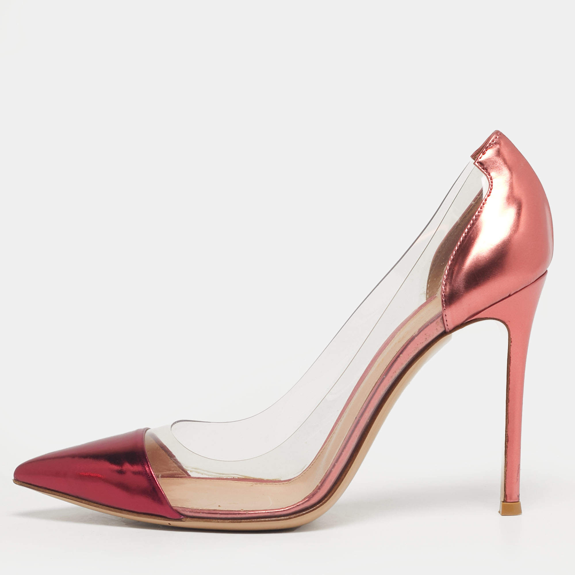Pre Owned Gianvito Rossi Pink/Transparent Leather And PVC Plexi Pointed Toe Pumps Size 37.5