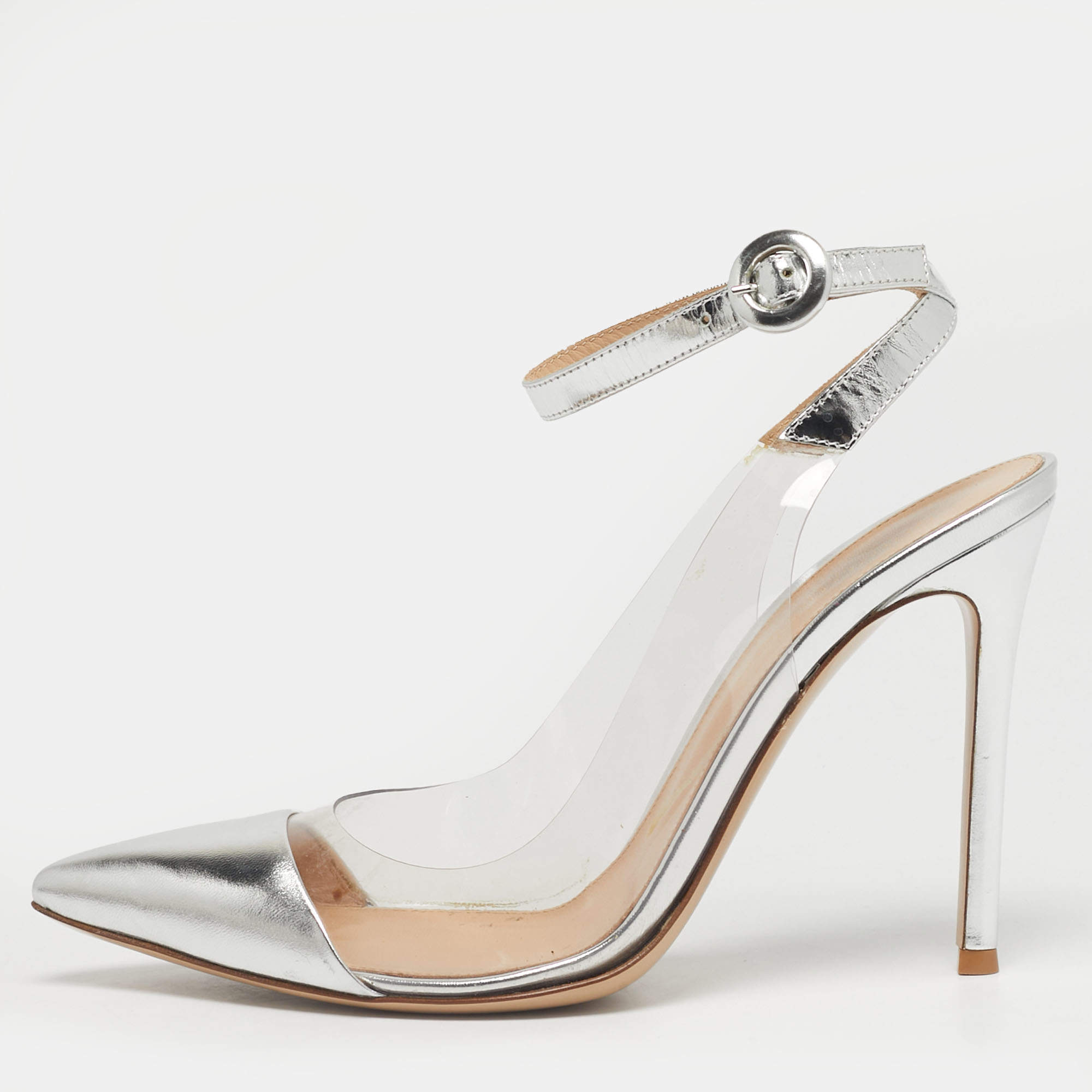 Pre Owned Gianvito Rossi Transparent/Silver Leather and PVC Ankle Strap Pumps Size 38