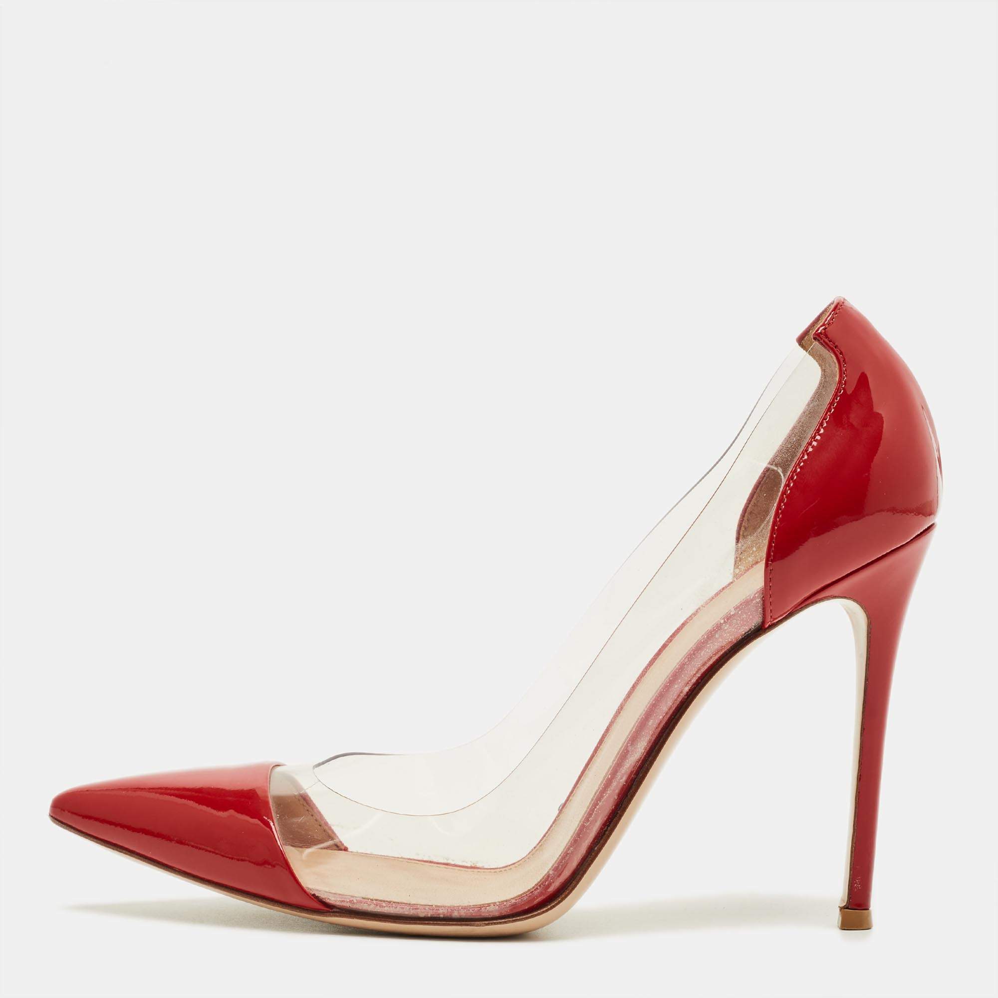 Pre Owned Gianvito Rossi Transparent/Red Patent Leather and PVC Plexi Pumps Size 40.5