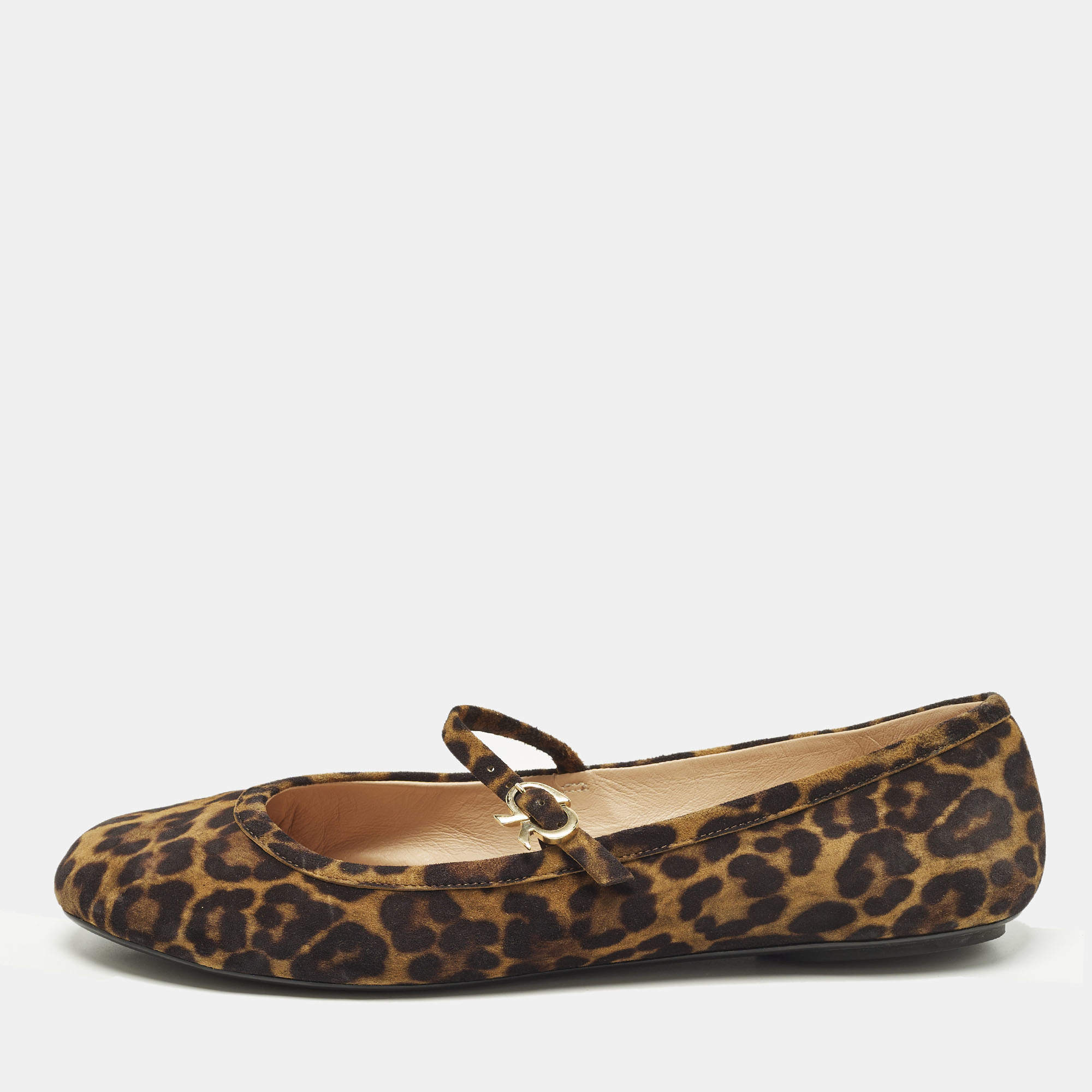 مملوكة مسبقًا Gianvito Rossi Size 41.5 Brown Leopard Print Suede Mary Jane Ballet Flats