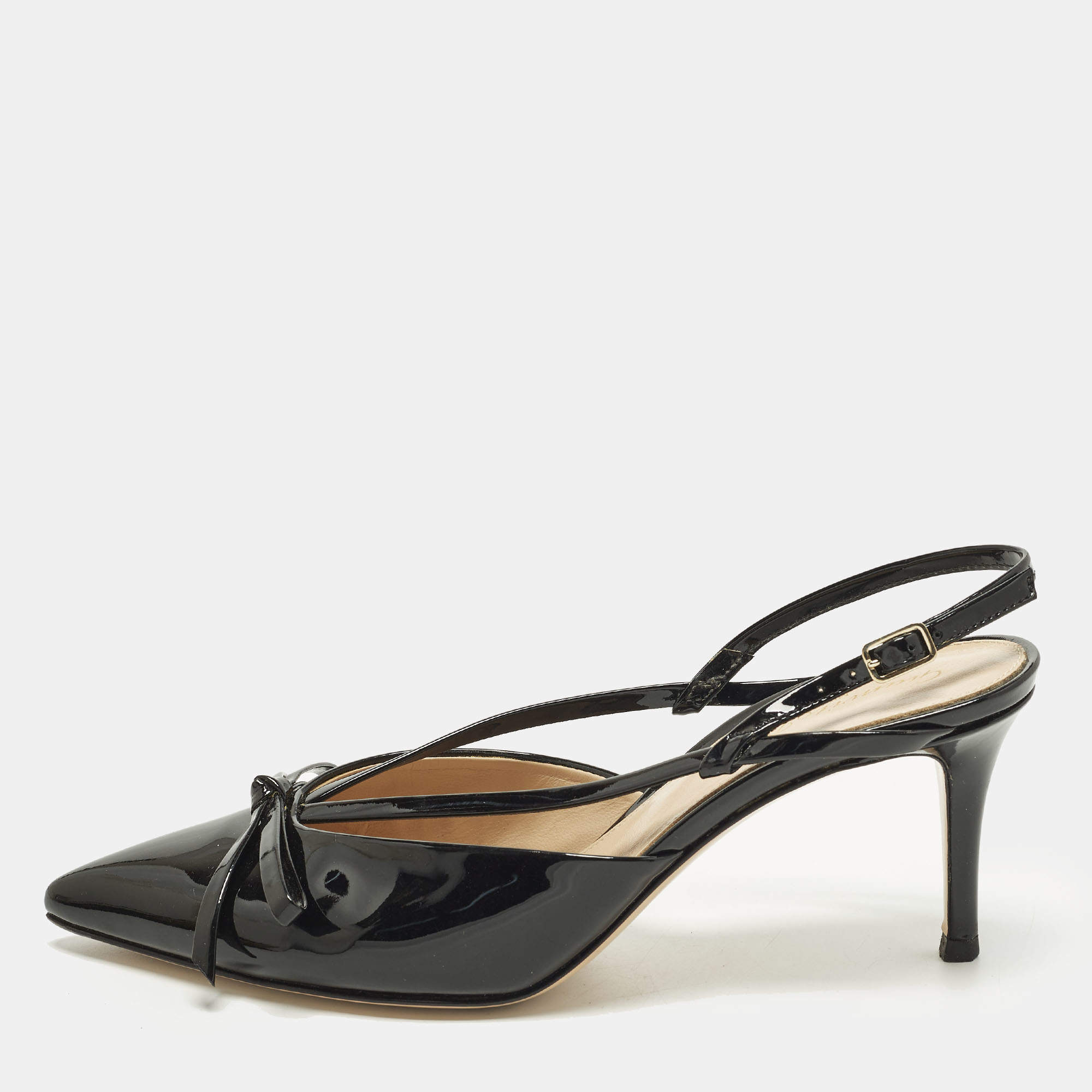 مملوكة مسبقًا حذاء كعب عالي جيانفيتو روسي جلد براءة اختراع slingback بقوس أسود مقاس 37