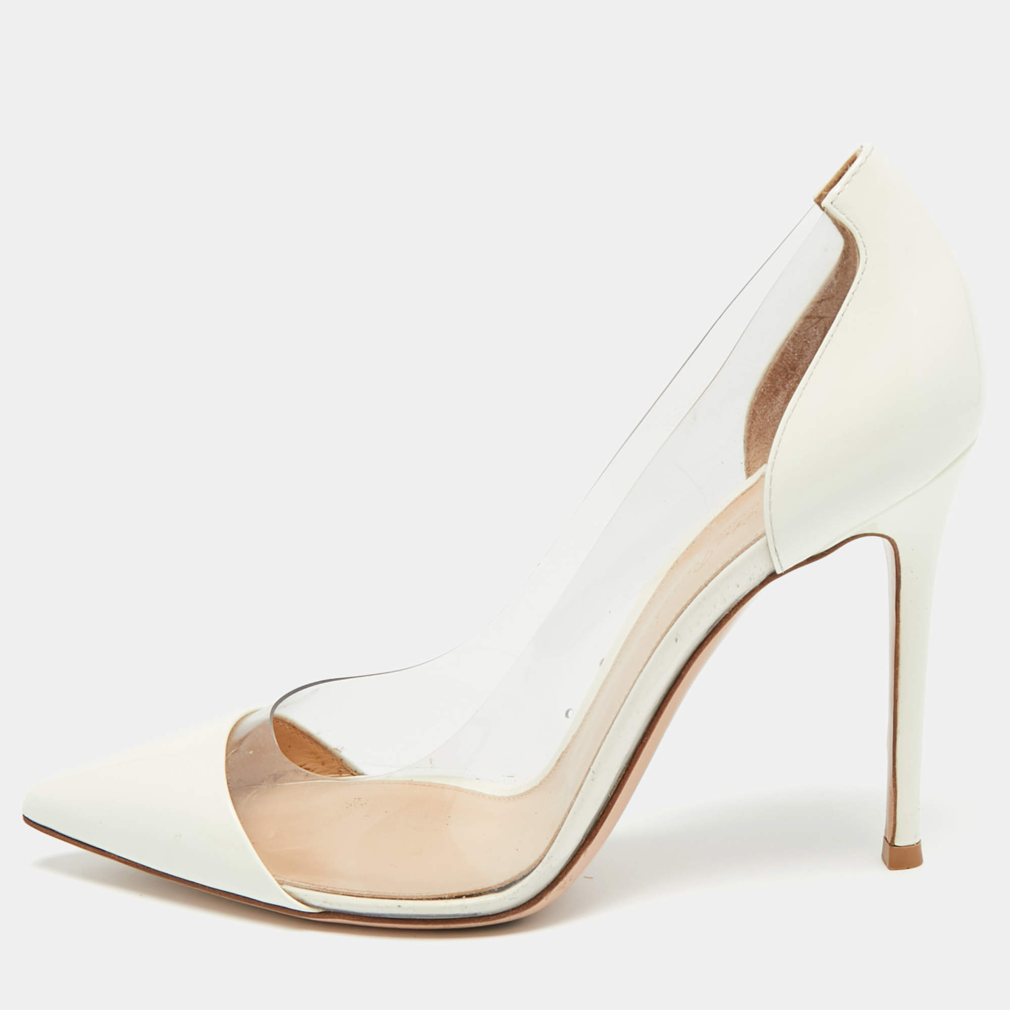 Pre Owned Gianvito Rossi Plexi Size 38 White/Transparent Patent Leather and PVC Pointed Toe Pumps