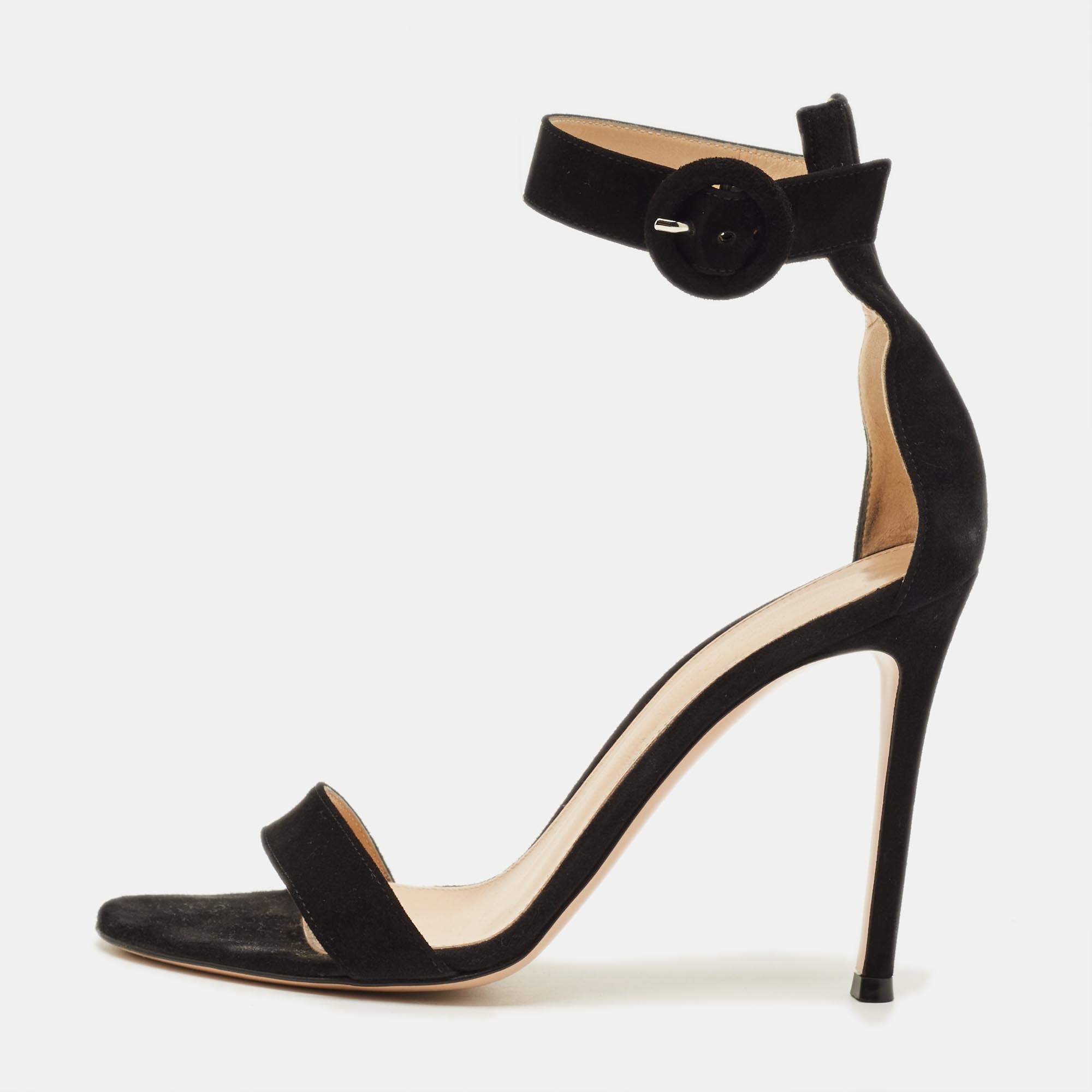 Pre Owned Gianvito Rossi Portofino Size 37 Black Suede Ankle Strap Sandals