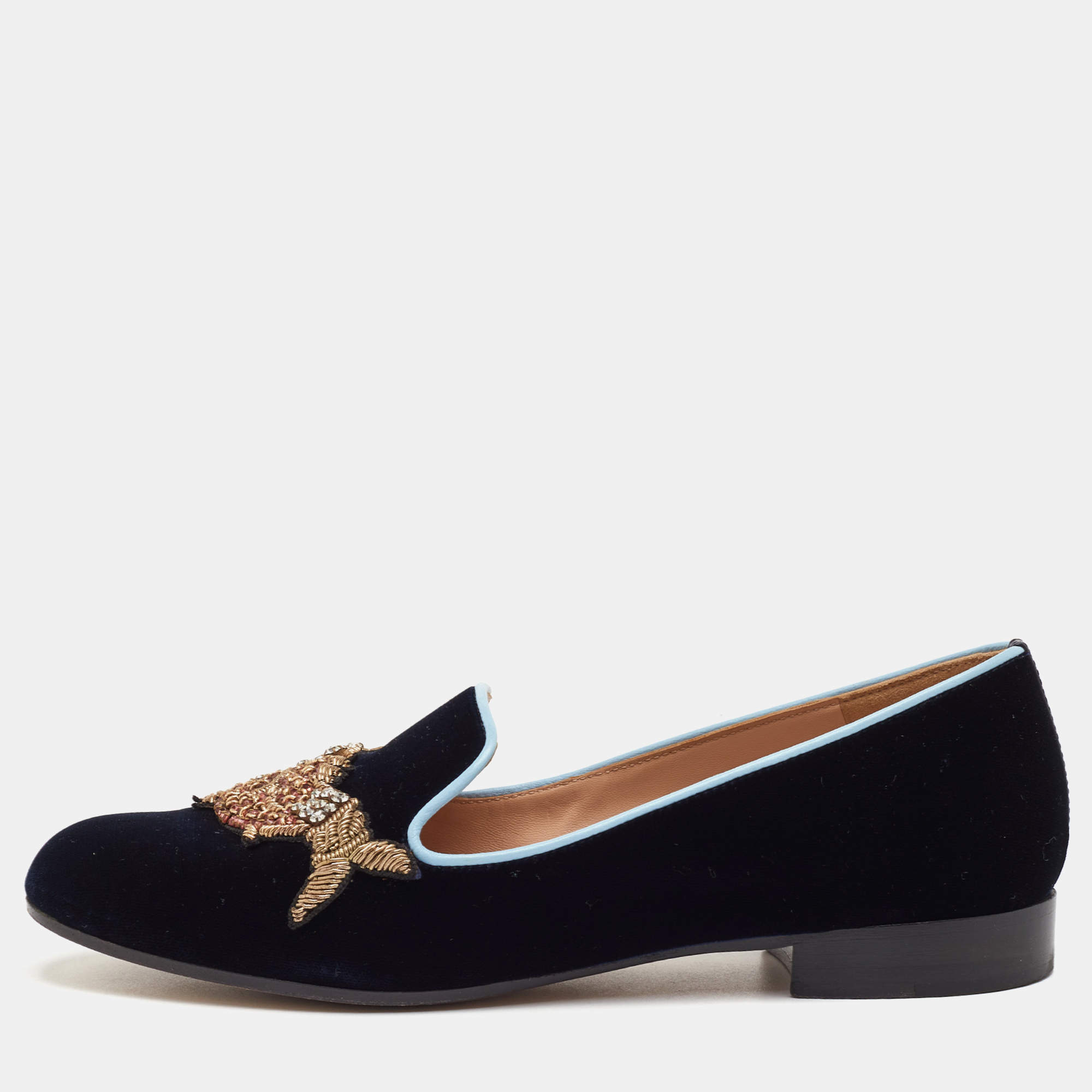 Pre Owned Gianvito Rossi x Mary Katrantzou Size 37 Navy Blue Velvet Fish Embroidered Slip On Loafers