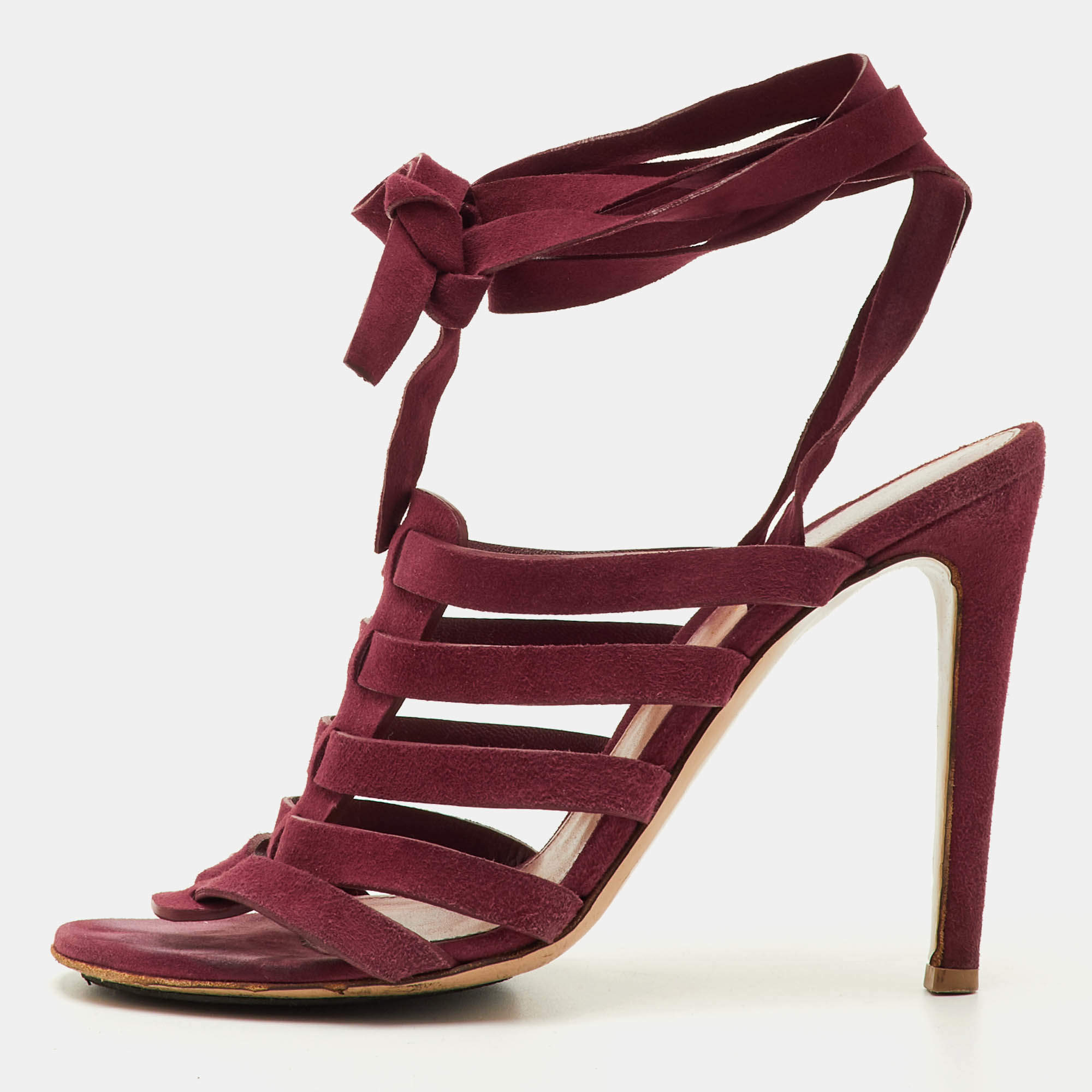 Pre Owned Gianvito Rossi Size 37.5 Burgundy Suede Open Toe Ankle Wrap Sandals