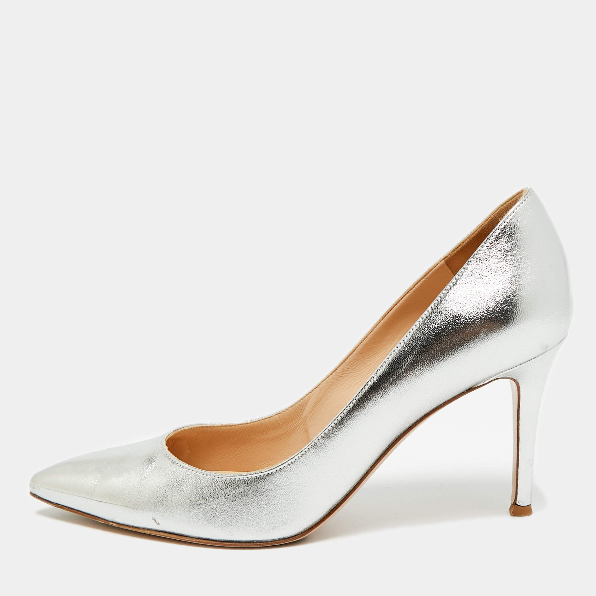 Pre Owned Gianvito Rossi Gianvito 105 Size 38.5 Silver Leather Pumps