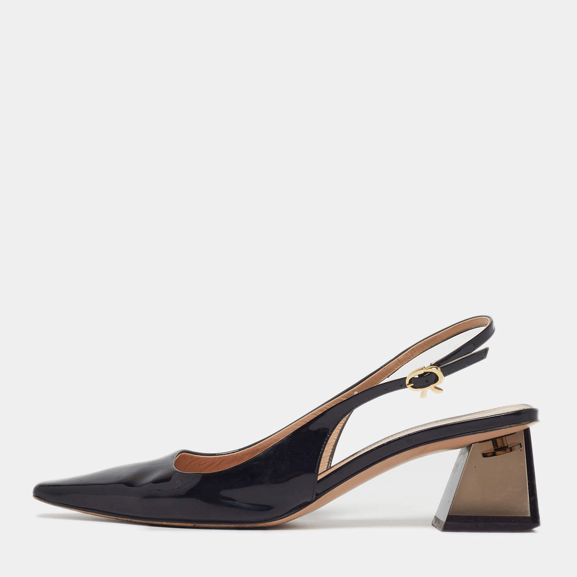 Pre Owned Gianvito Rossi Size 38 Black Patent Leather Slingback  Block Heel Pumps