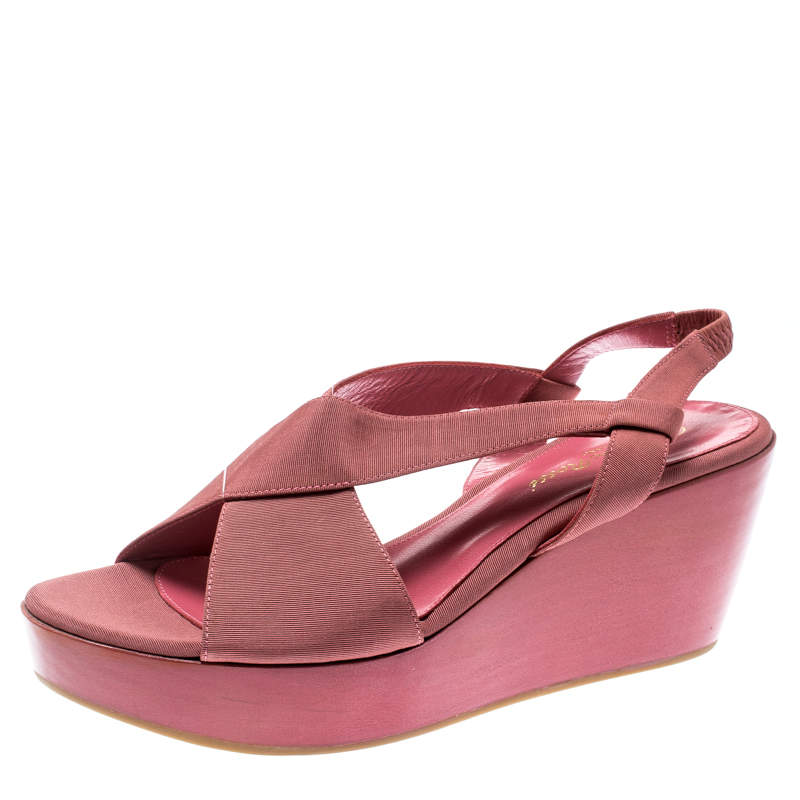 Pre Owned Gianvito Rossi Pink Canvas Wedge Cross Strap Sandals Size 37