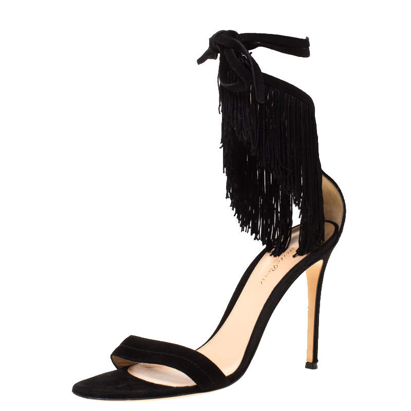 Pre Owned Gianvitto Rossi Black Suede Olivia Fringe Ankle Wrap Sandals Size 40