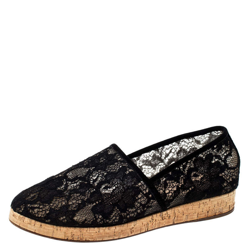حذاء فلات جيانفيتو روسي كورك حواف جلد سويدي ودانتيل أسود مقاس 36.5