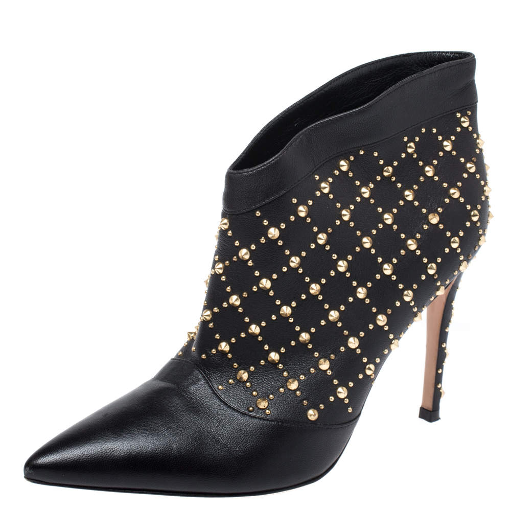 Gianvito Rossi Black Leather Studded Ankle Boots Size 37.5