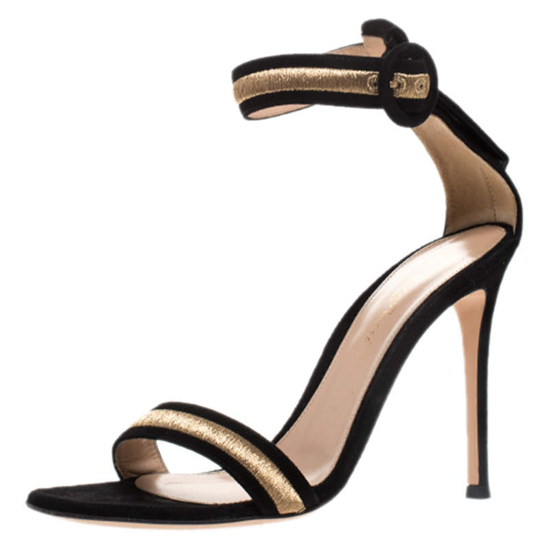 Pre Owned Gianvito Rossi Black Emboidered Suede Portofino Ankle Strap Open Toe Sandals Size 37