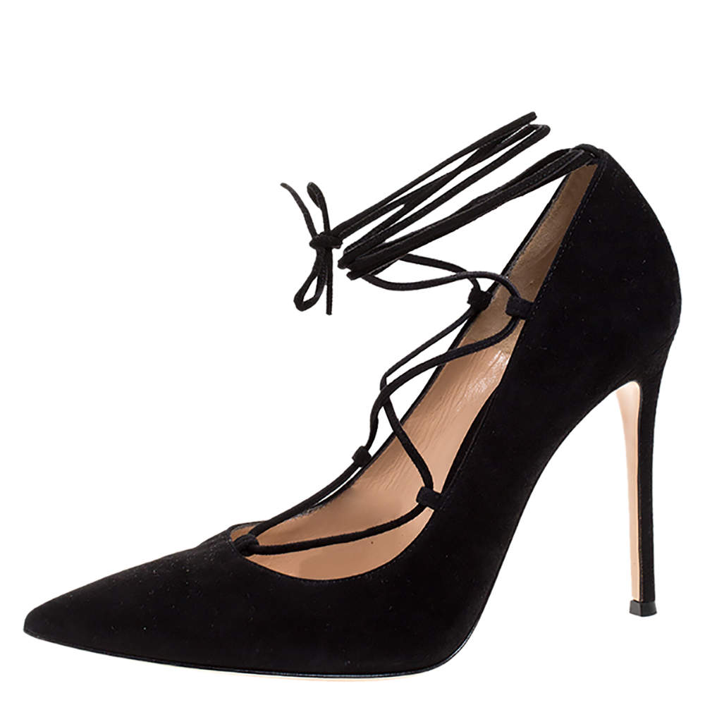 Gianvito Rossi Black Suede Femi Lace up Pointed Toe Pumps