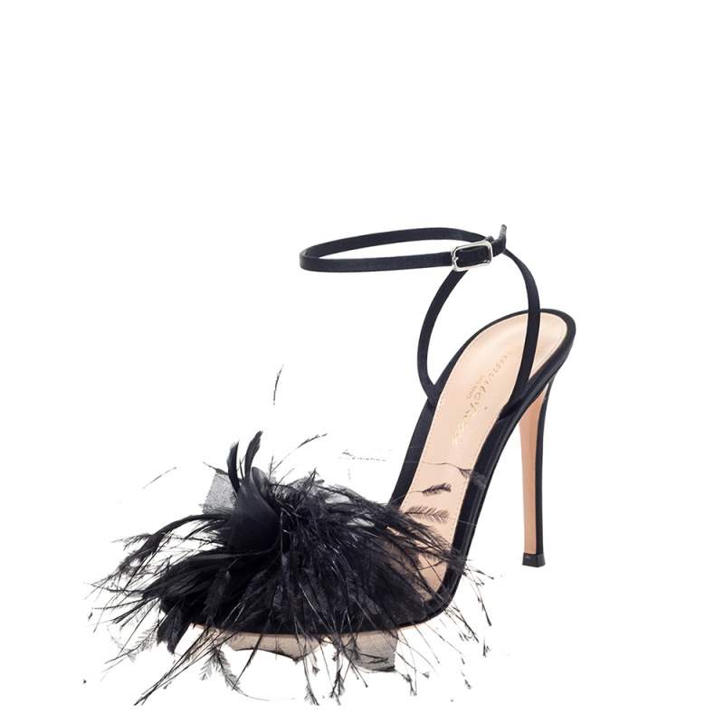 Gianvito Rossi Black Satin Feather Flower Ankle Strap Sandals Size 37.5