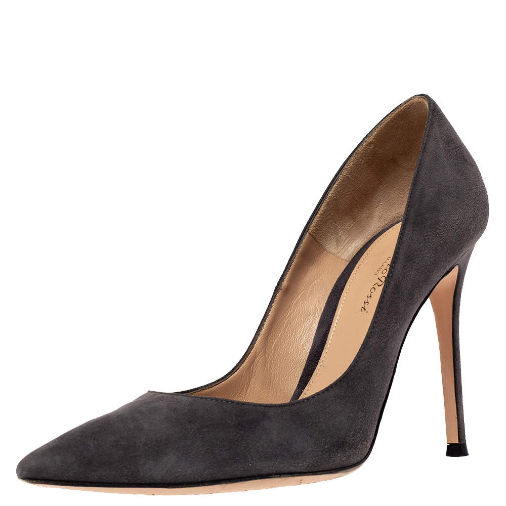 Gianvito Rossi Grey Suede Leather Pointed Toe Pumps Size 38.5