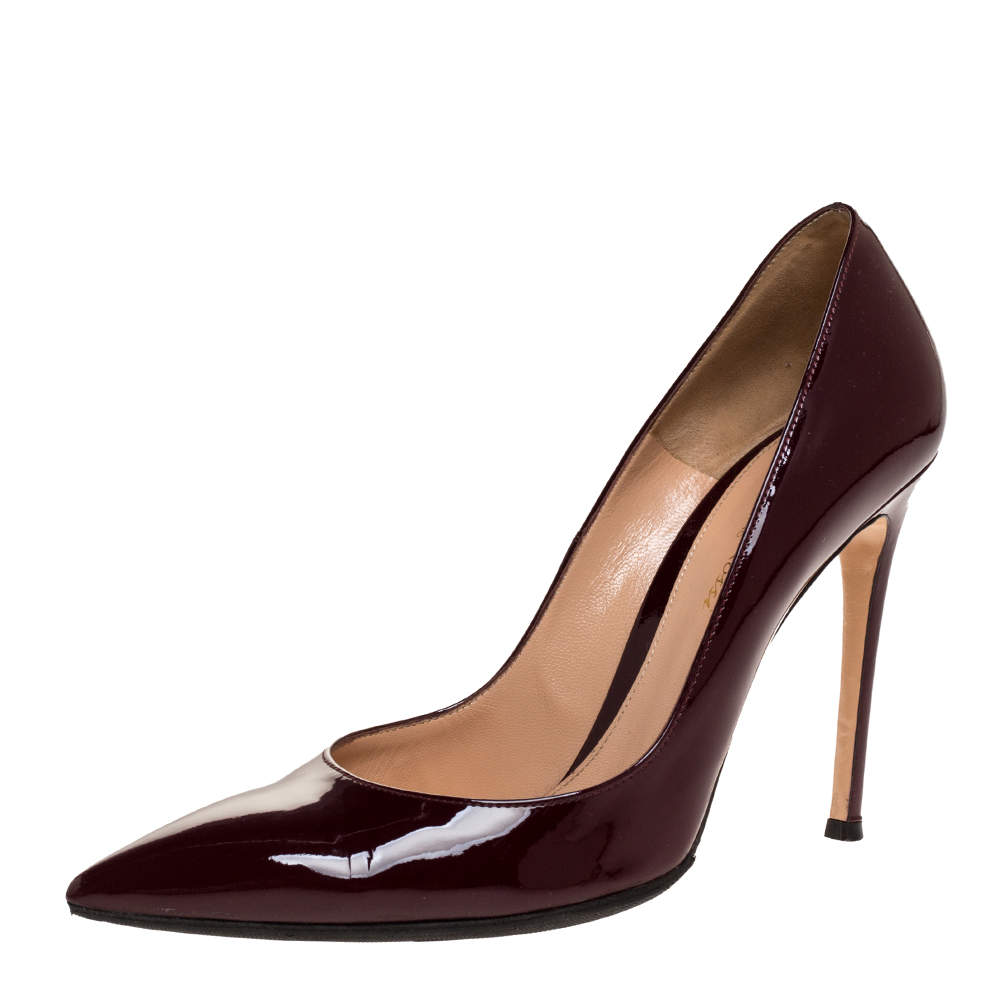 Pre Owned Gianvito Rossi Burgundy Patent Leather Pointed Toe Pumps Size 39.5