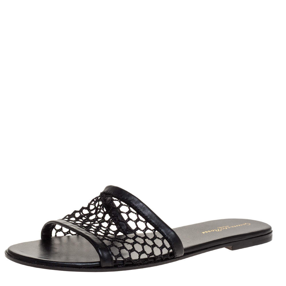 Pre Owned Gianvito Rossi Black Fish Net And Leather Trim Flat Sandals Size 38.5