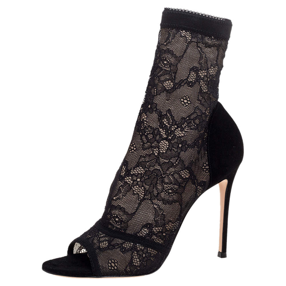 Pre Owned Gianvito Rossi Black Lace and Suede Sock Peep Toe Booties Size Size 39.5