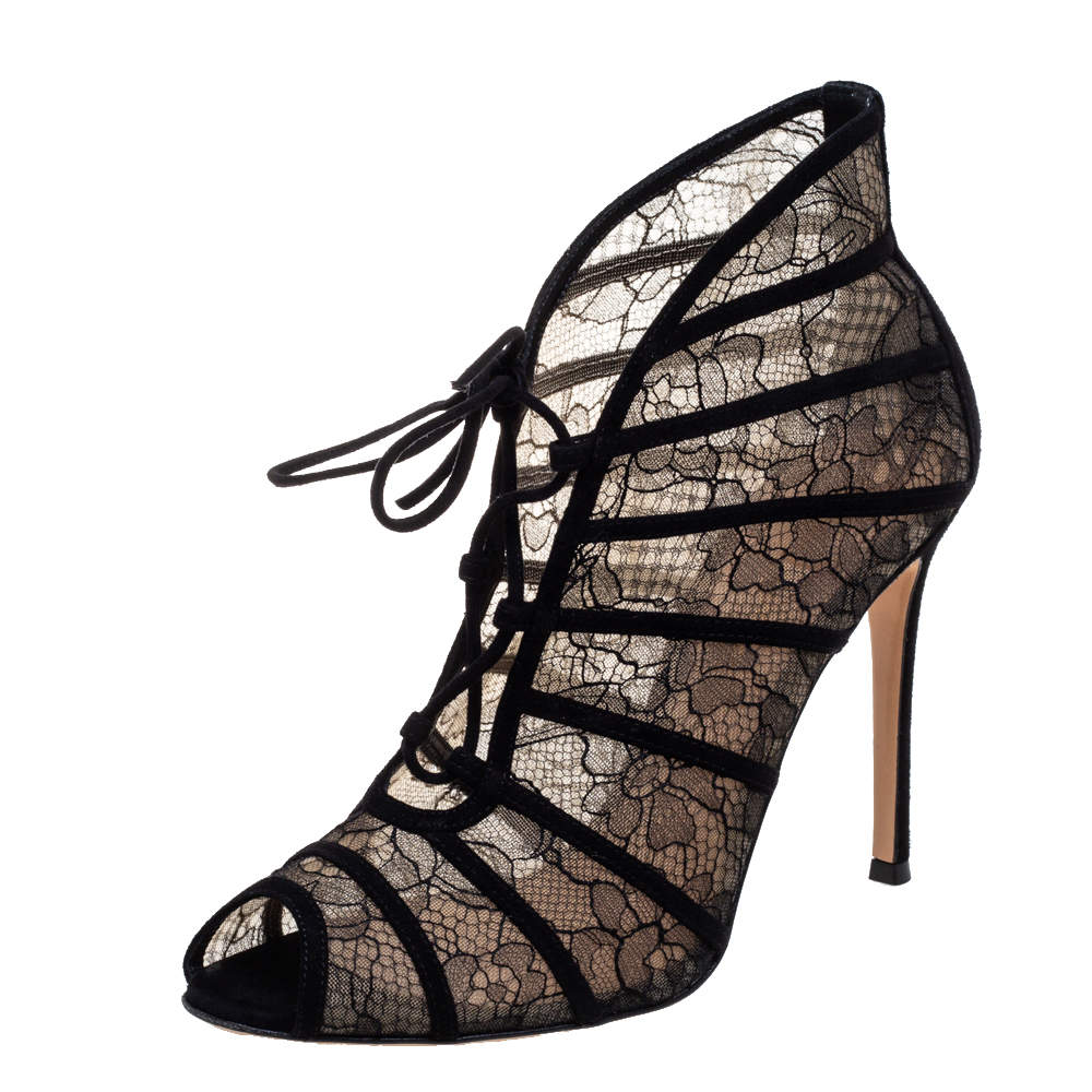 Pre Owned Gianvito Rossi Black Lace and Suede Lace Up Peep Toe Ankle Booties Size Size 39