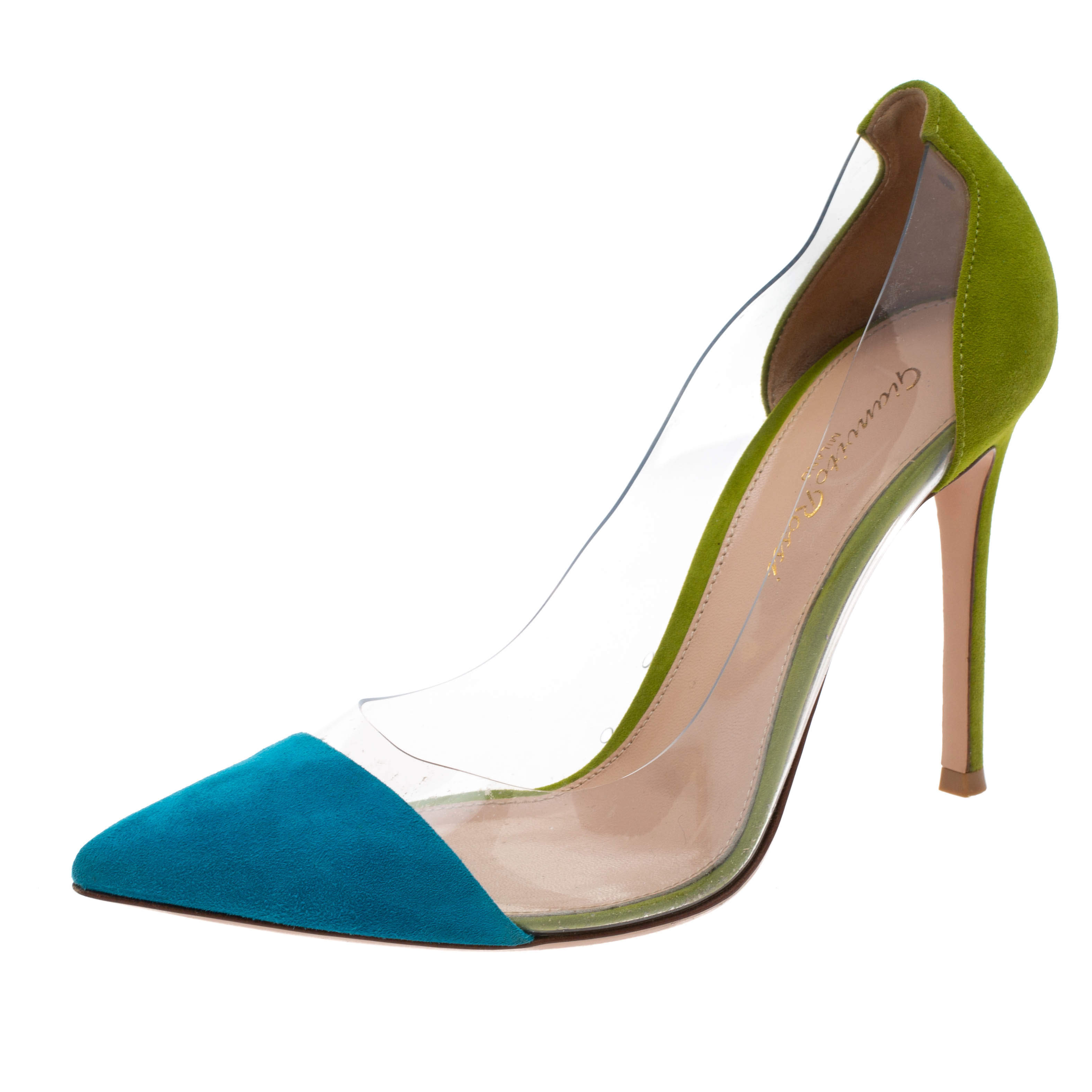 Pre Owned Gianvito Rossi Blue/Green Suede and PVC Plexi Pointed Toe Pumps Size 37