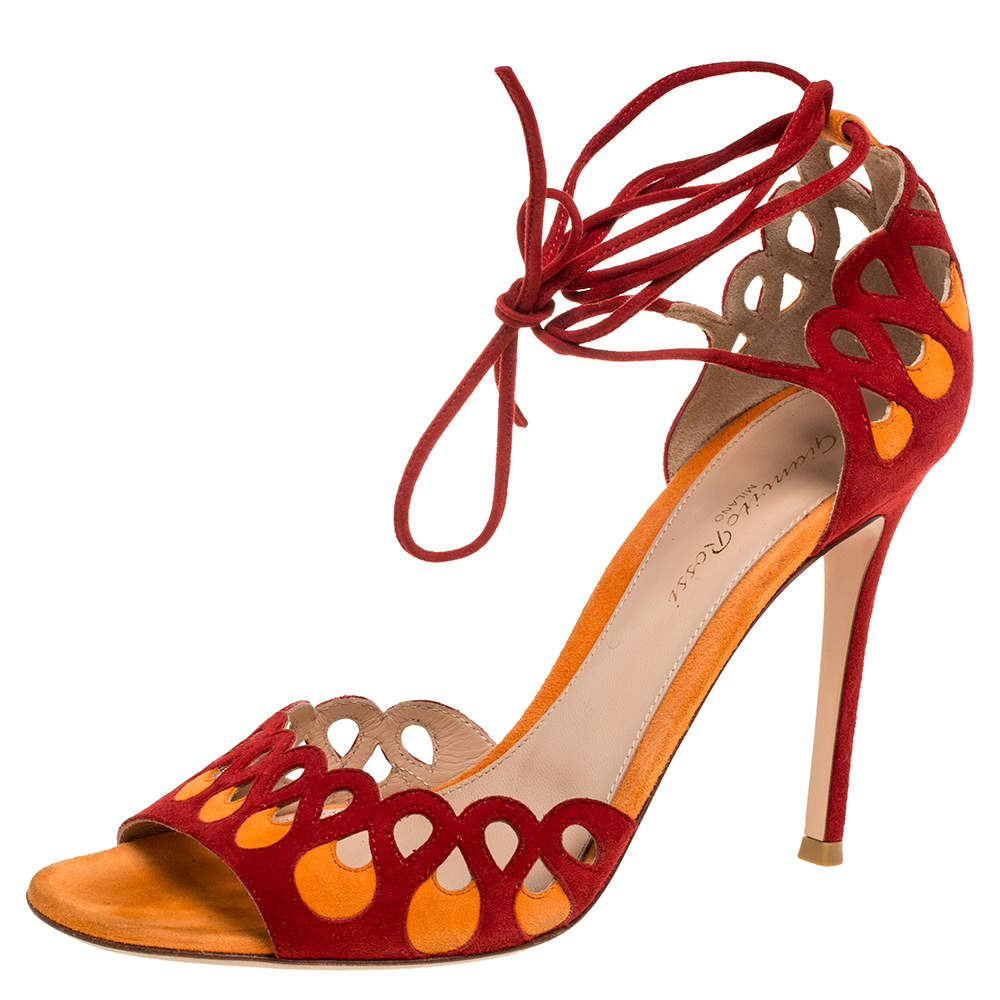 Pre Owned Gianvito Rossi Red/Orange Suede Ankle Tie Sandals Size 38.5