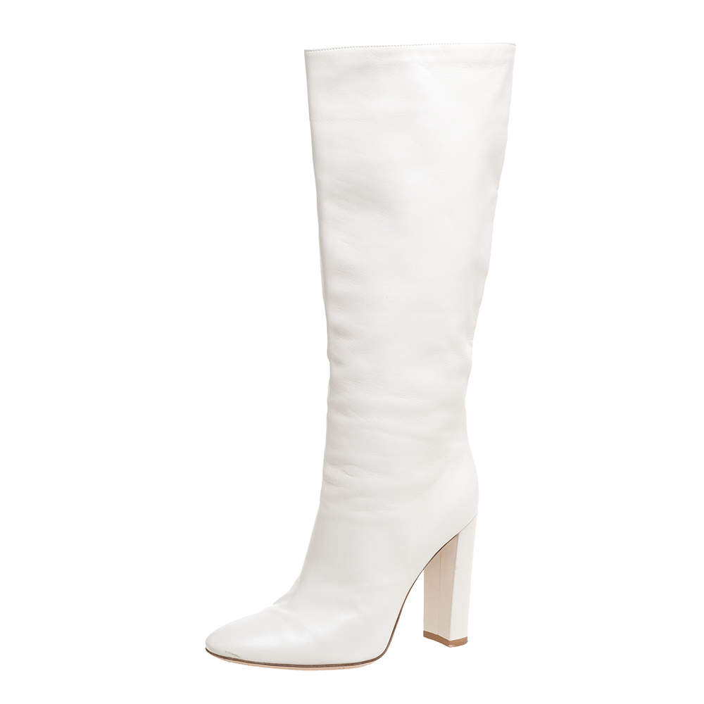 Pre Owned Gianvito Rossi White Leather Knee Block Heels Boots Size 37.5