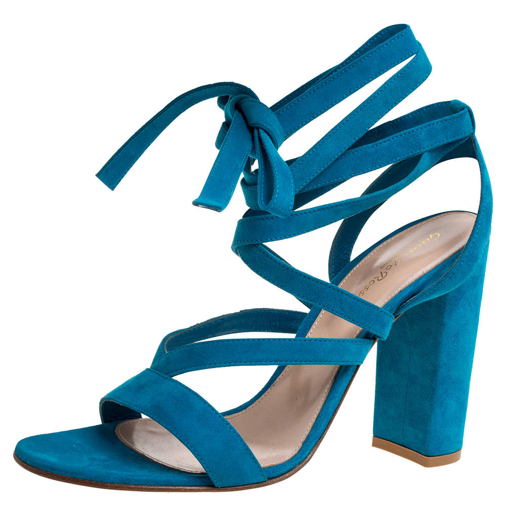 Gianvito Rossi Blue Suede Leather Ankle Wrap Sandals Size 41