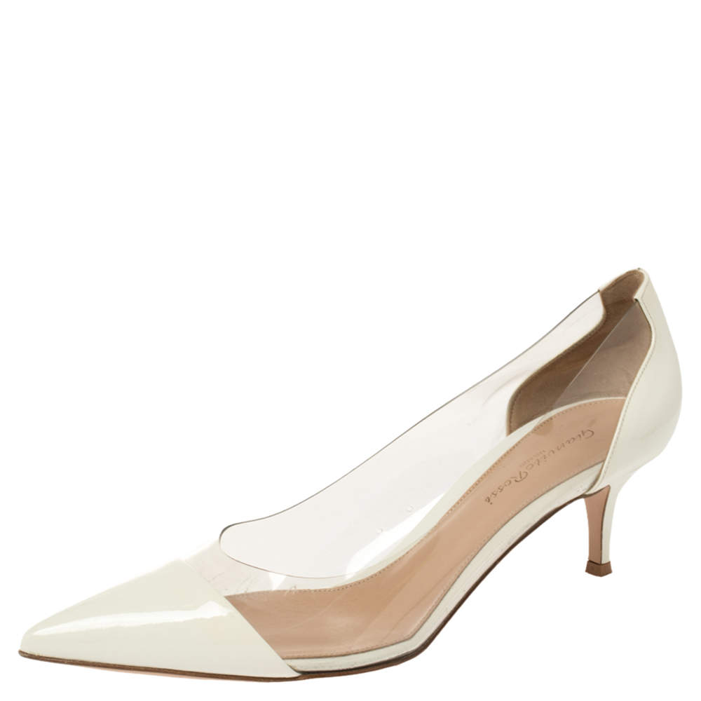 Pre Owned Gianvito Rossi White Patent Leather and PVC Kitten Heels Pumps Size 39.5