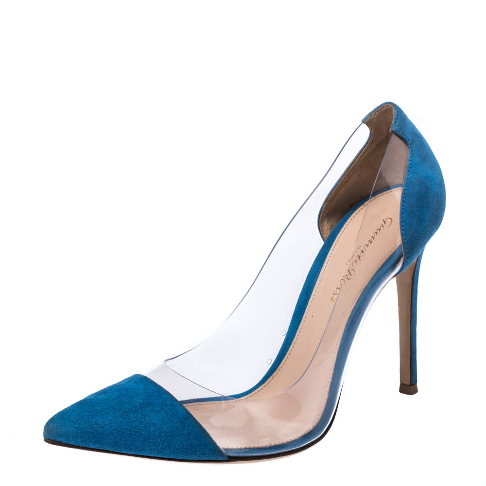 Pre Owned Gianvito Rossi Blue Suede And PVC Plexi Pointed Toe Pumps Size 38