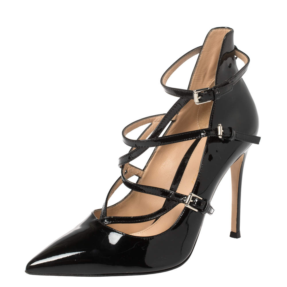 Pre Owned Gianvito Rossi Black Patent Leather Crisscross Pointed Toe Pumps Size 37.5