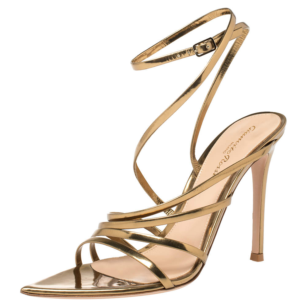Pre Owned Gianvito Rossi Gold Patent Leather Eclypse Strappy Sandals Size 38