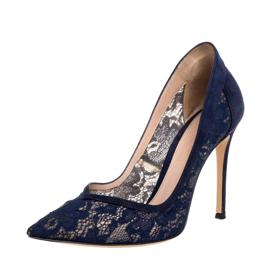 Pre Owned Gianvito Rossi Blue Suede And Lace Pointed Toe Pumps Size 37