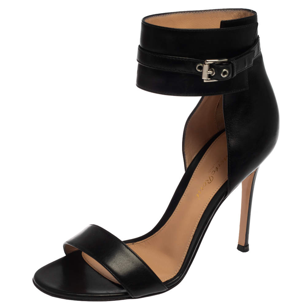 Pre Owned Gianvito Rossi Black Leather Ankle Strap  Open Toe Sandals Size 37