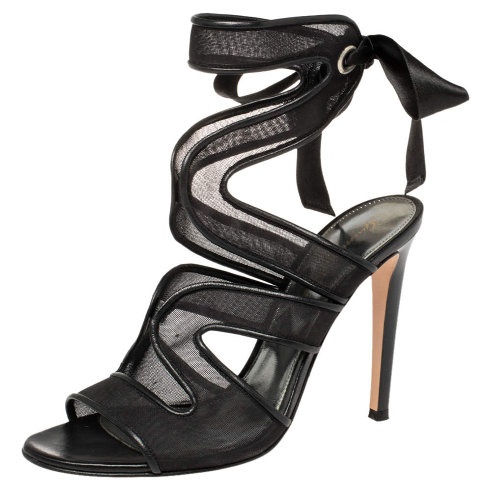 Pre Owned Gianvito Rossi Black Mesh And Leather Trim Ankle Wrap Sandals Size 38