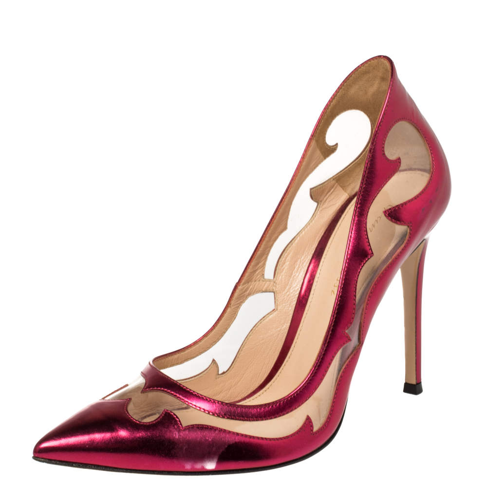 Pre Owned Gianvito Rossi Metallic Pink Leather and PVC Plexi Cut Out Detail Pointed Toe Pumps Size 39