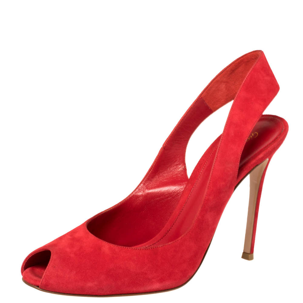 Gianvito Rossi Red Suede Leather Peep Toe Slingback Sandals Size 41