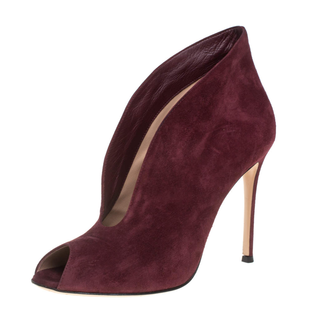 Pre Owned Gianvito Rossi Burgundy Suede Vamp Peep Toe Booties Size 40