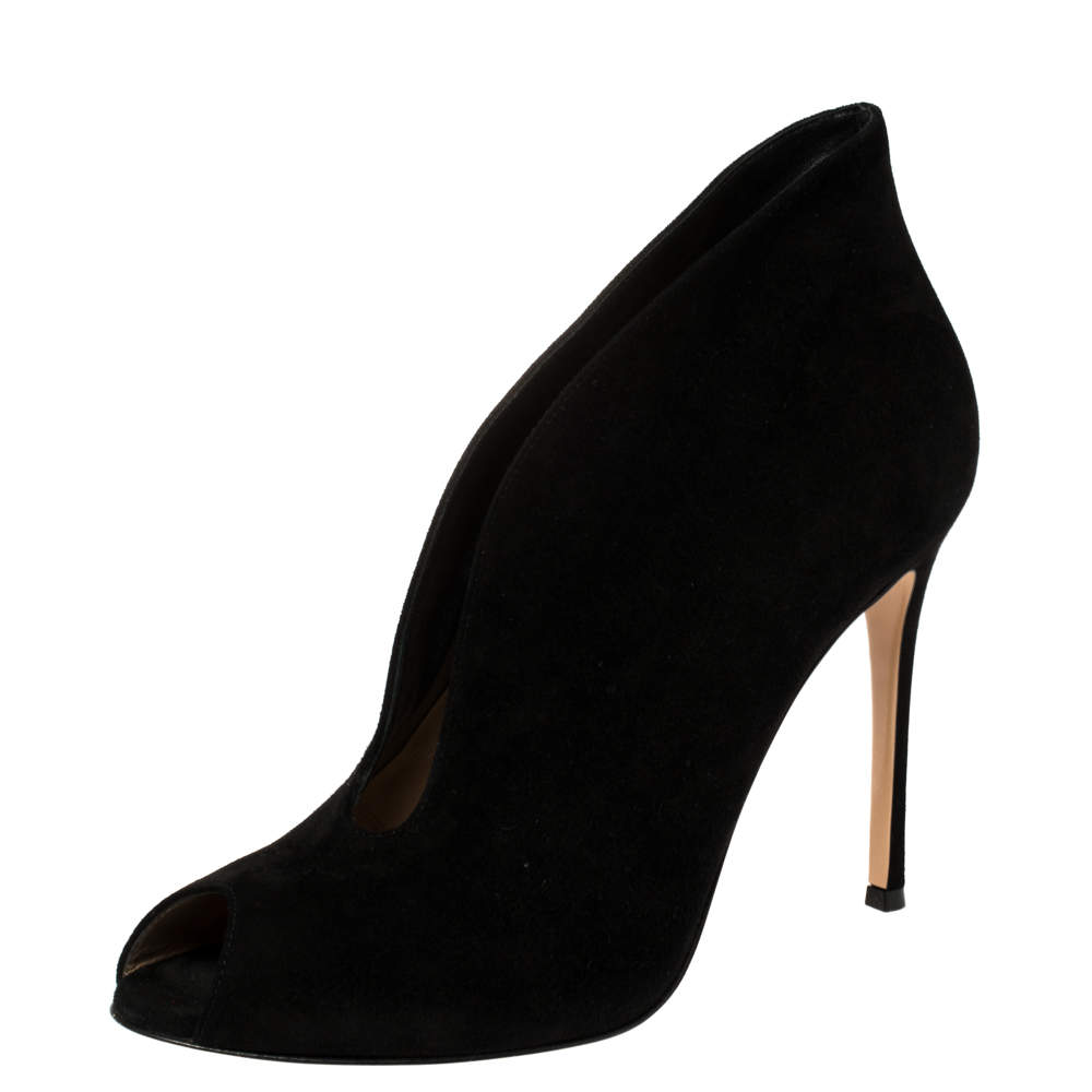 Pre Owned Gianvito Rossi Black Suede Vamp Peep Toe Booties Size 41.5