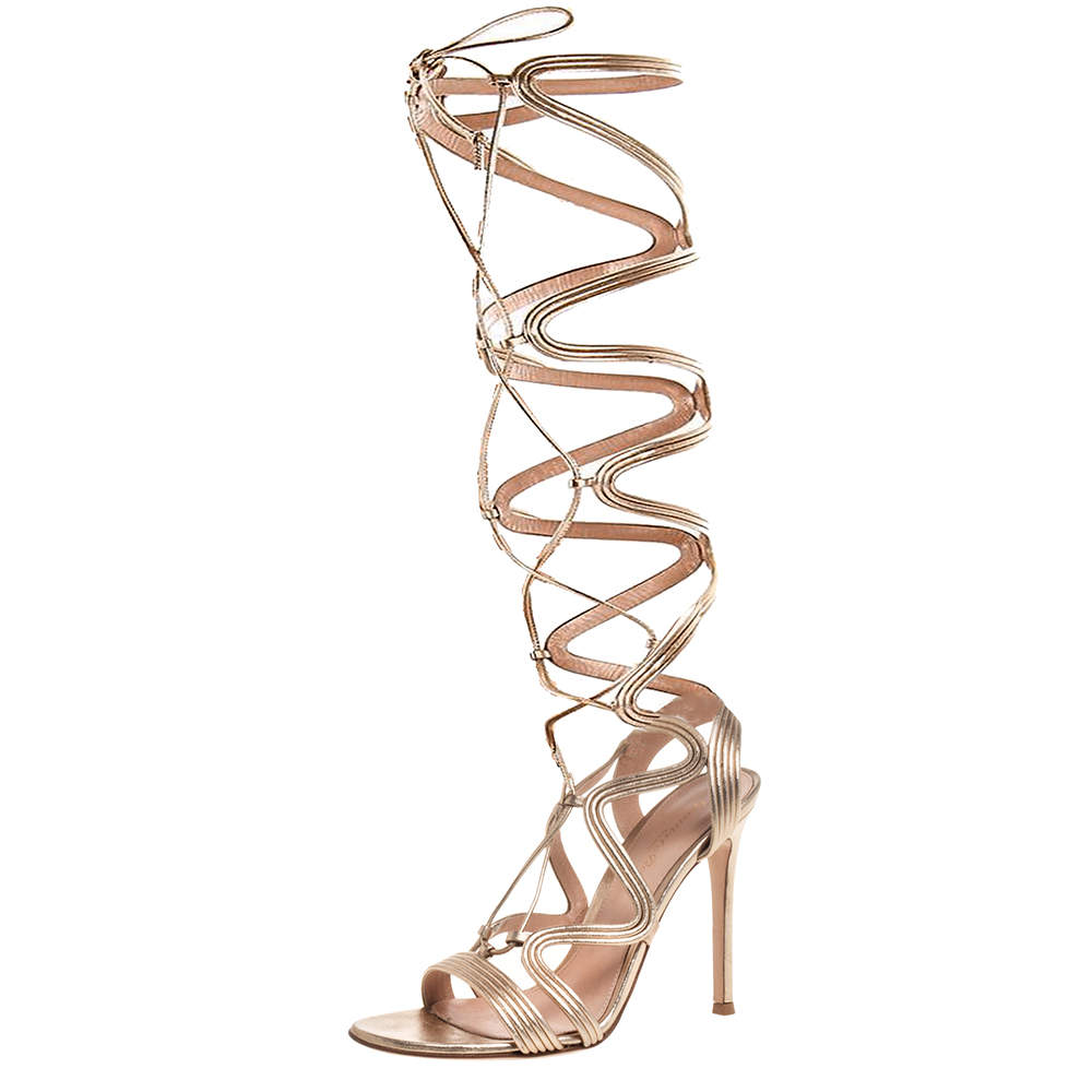 Pre Owned Gianvito Rossi Metallic Gold Leather Medusa Zig Zag Gladiator Sandals Size 37