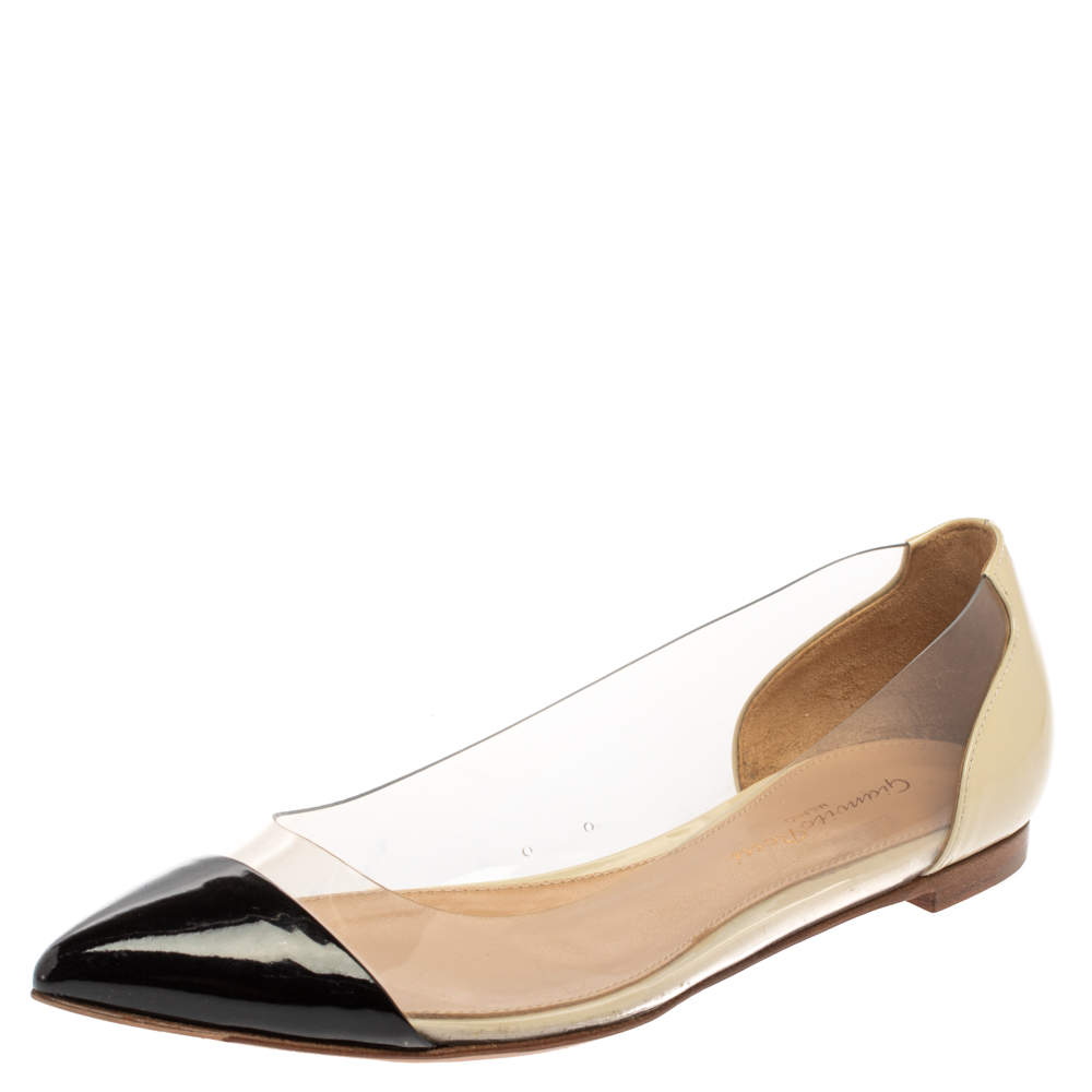 Pre Owned Gianvito Rossi Black/Off White Leather And PVC Plexi Pointed Toe Flats Size 35